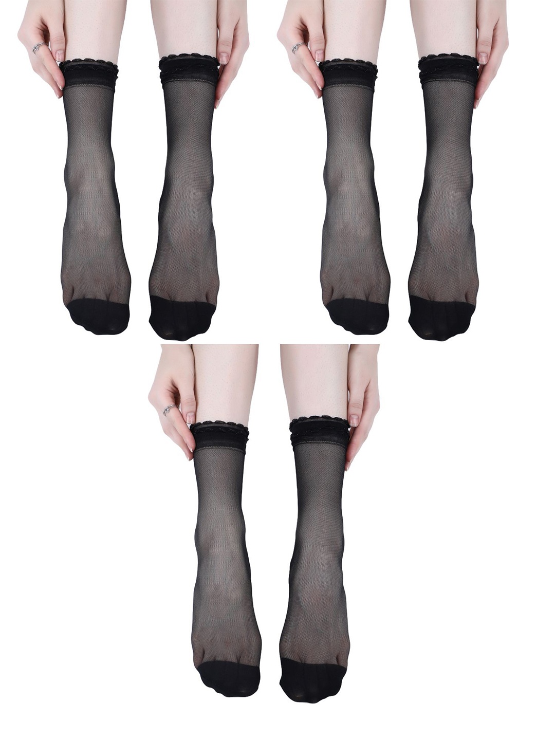 

N2S NEXT2SKIN Pack of 3 Women Sheer Ankle Length Without Thumb Transparent Socks, Black