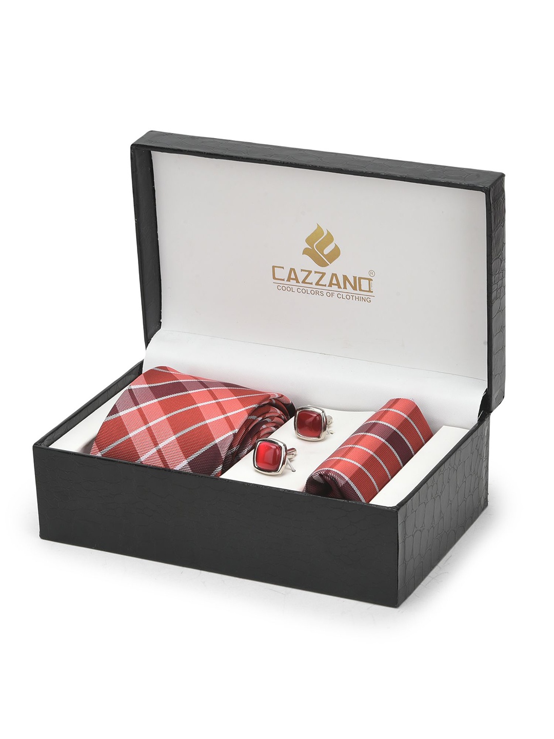 

Cazzano Men Checked Slim Tie Cufflinks & Pocket Square Accessory Gift Set, Maroon