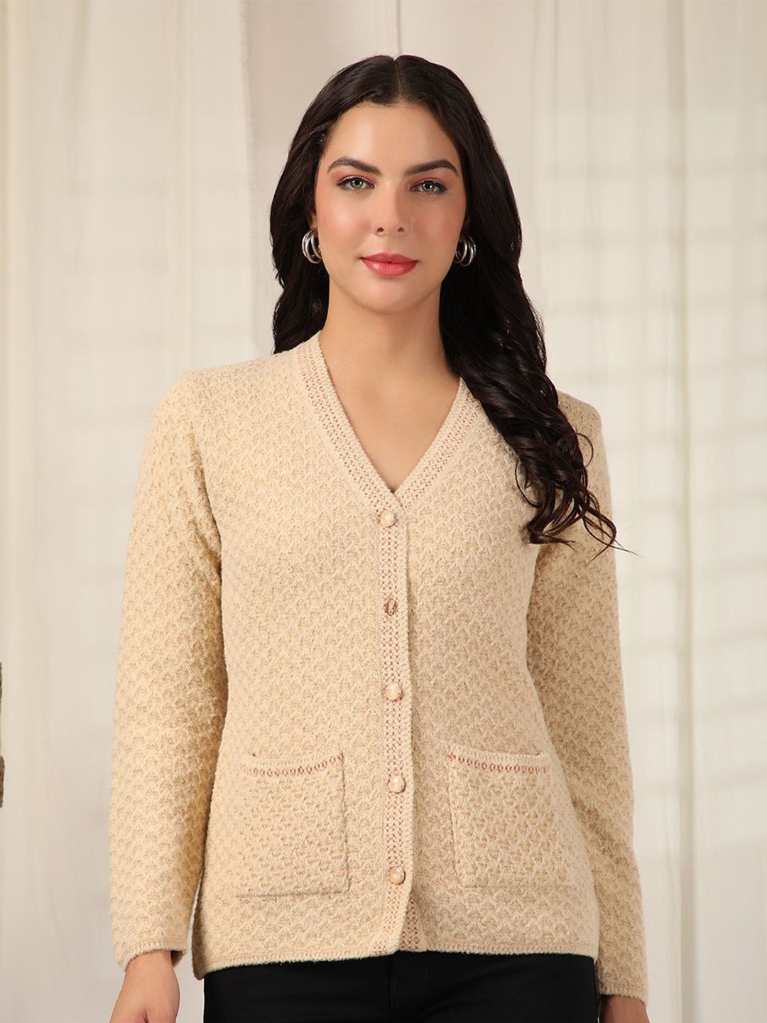 

Cayman Women Self Design Cable Knit Woollen Cardigan Sweater, Camel brown