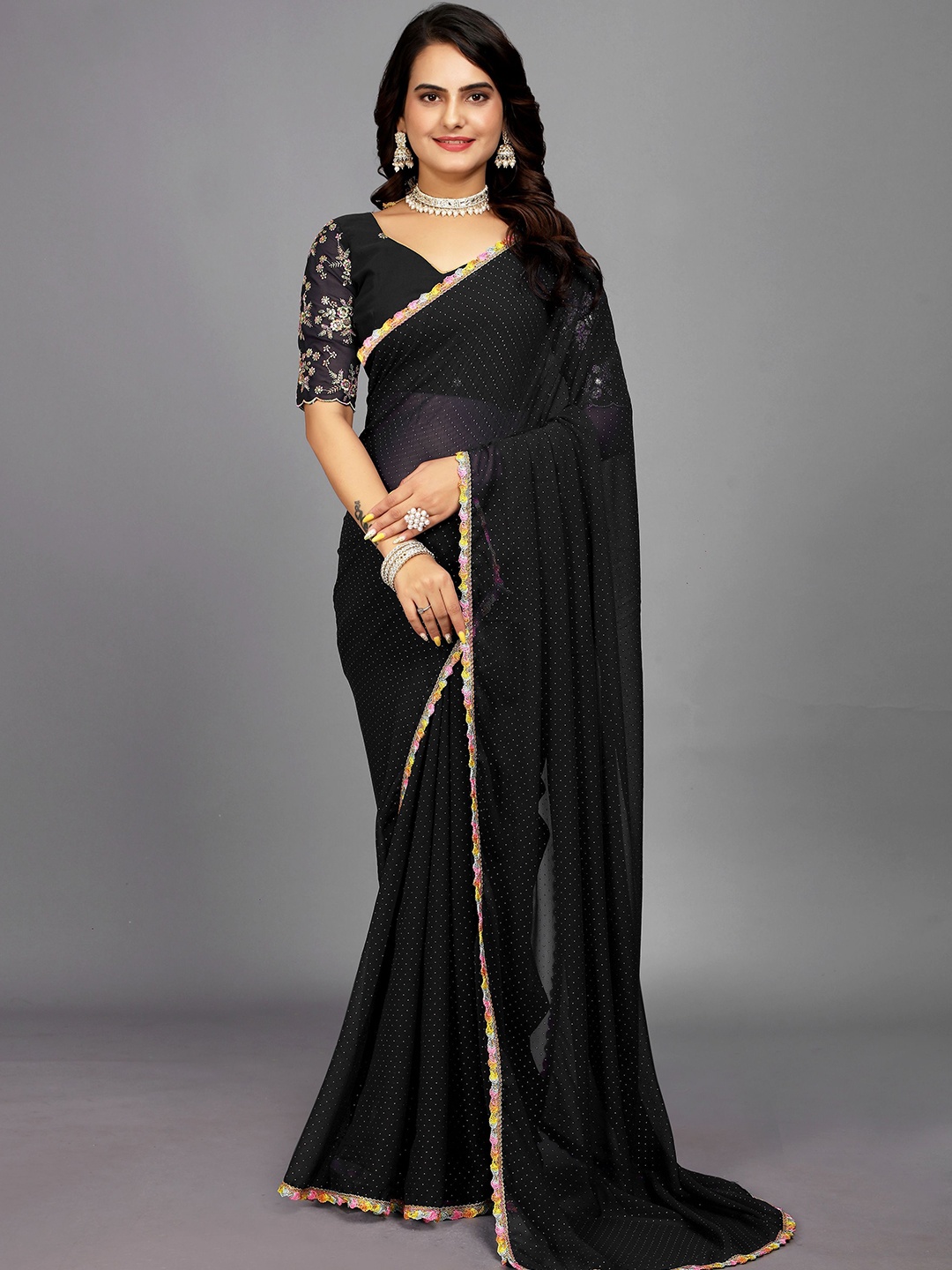 

Rhey Women Polka Dot Embroidered Saree With Lace Border, Black