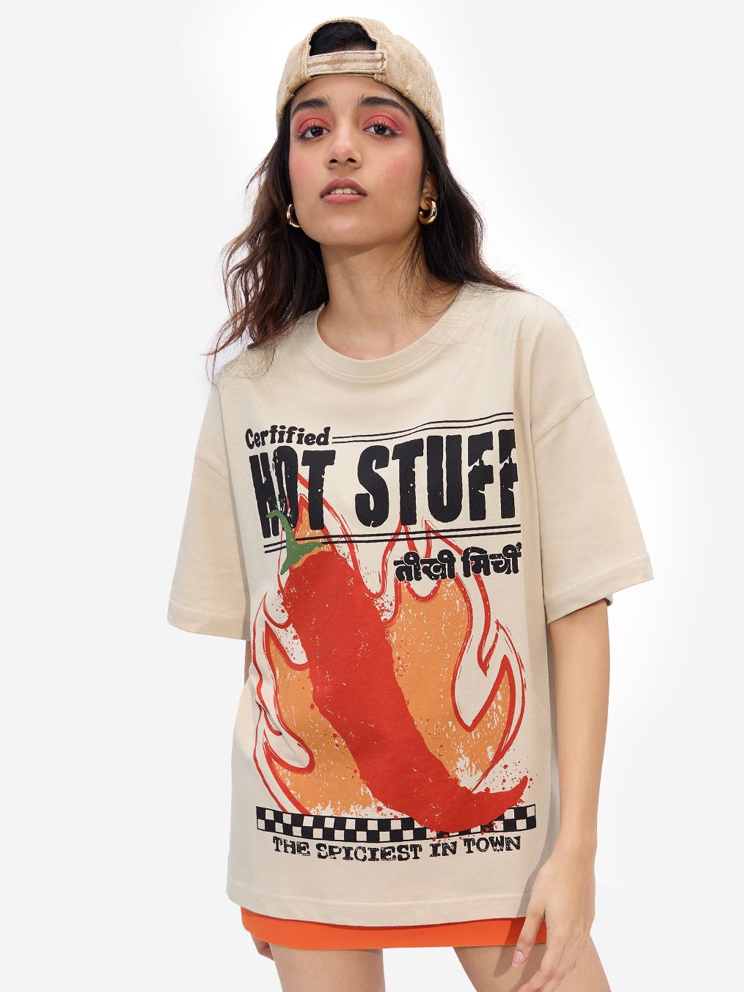 

The Souled Store Women Graphic Printed Round Neck Cotton Oversized T-shirt, Cream
