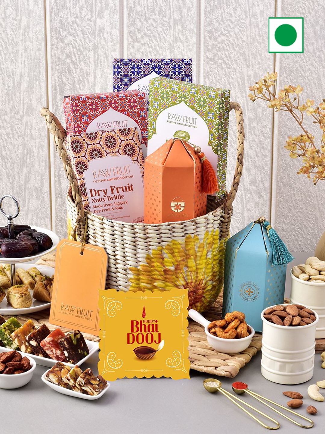 

RawFruit 8-Pcs Bhai Dooj Sweet & Dry Fruit Gift Basket, Brown