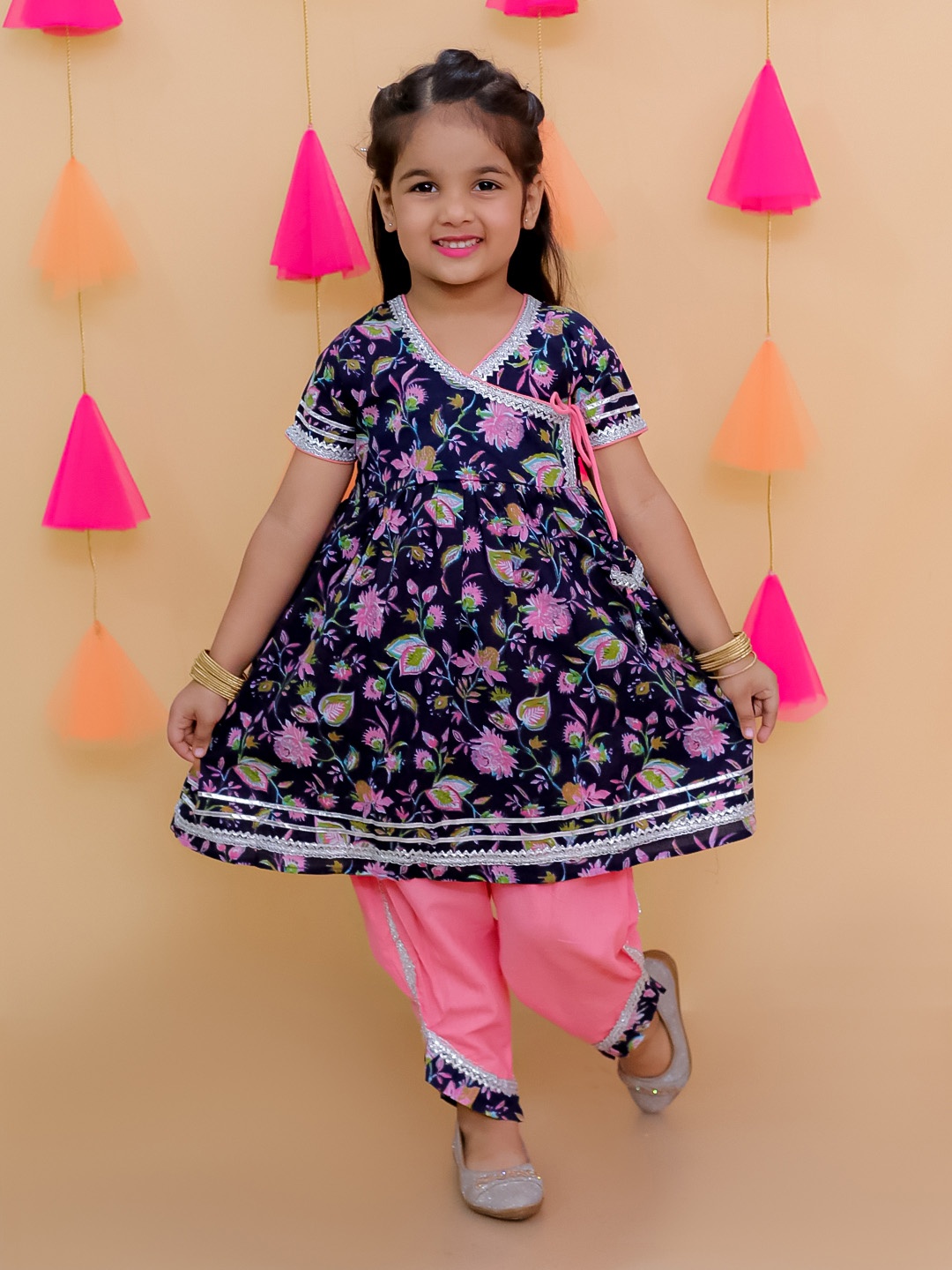 

JUNITOS Girls Floral Printed Angrakha Pure Cotton A-Line Kurti with Dhoti Pants, Blue