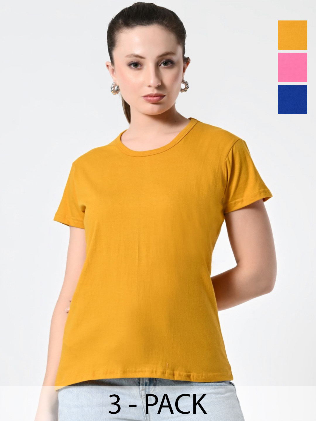 

BAESD Women Pack Of 3 Solid Round Neck Cotton T-shirts, Mustard