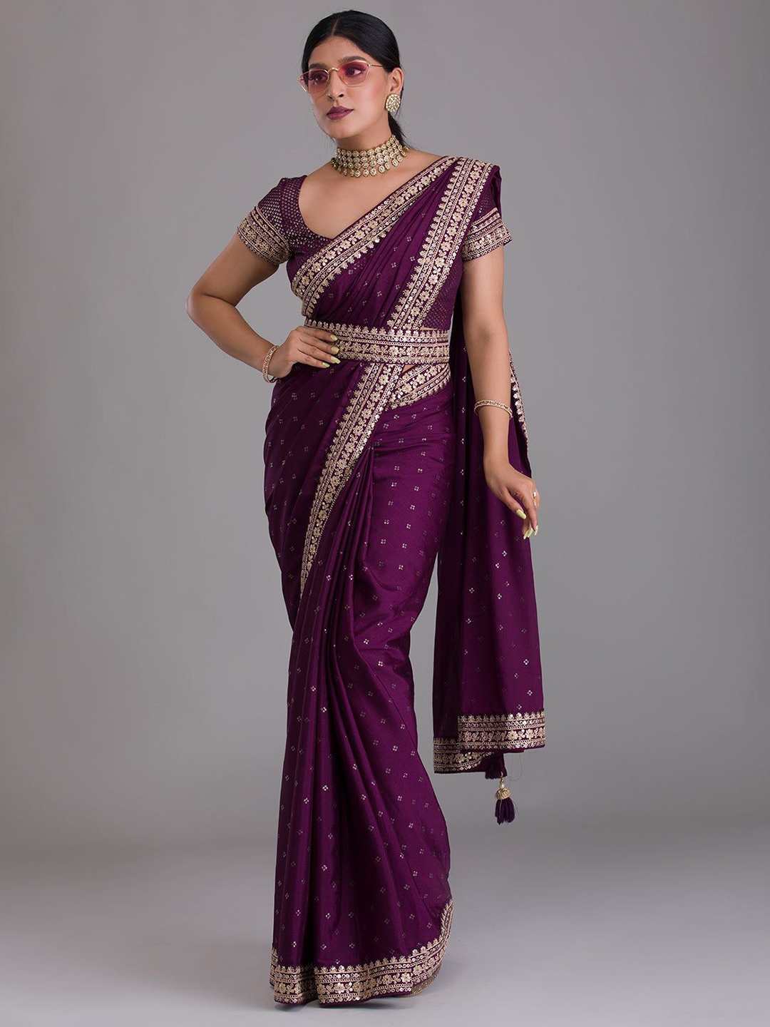 

Fusionic Embellished Sequinned Belted Saree, Purple