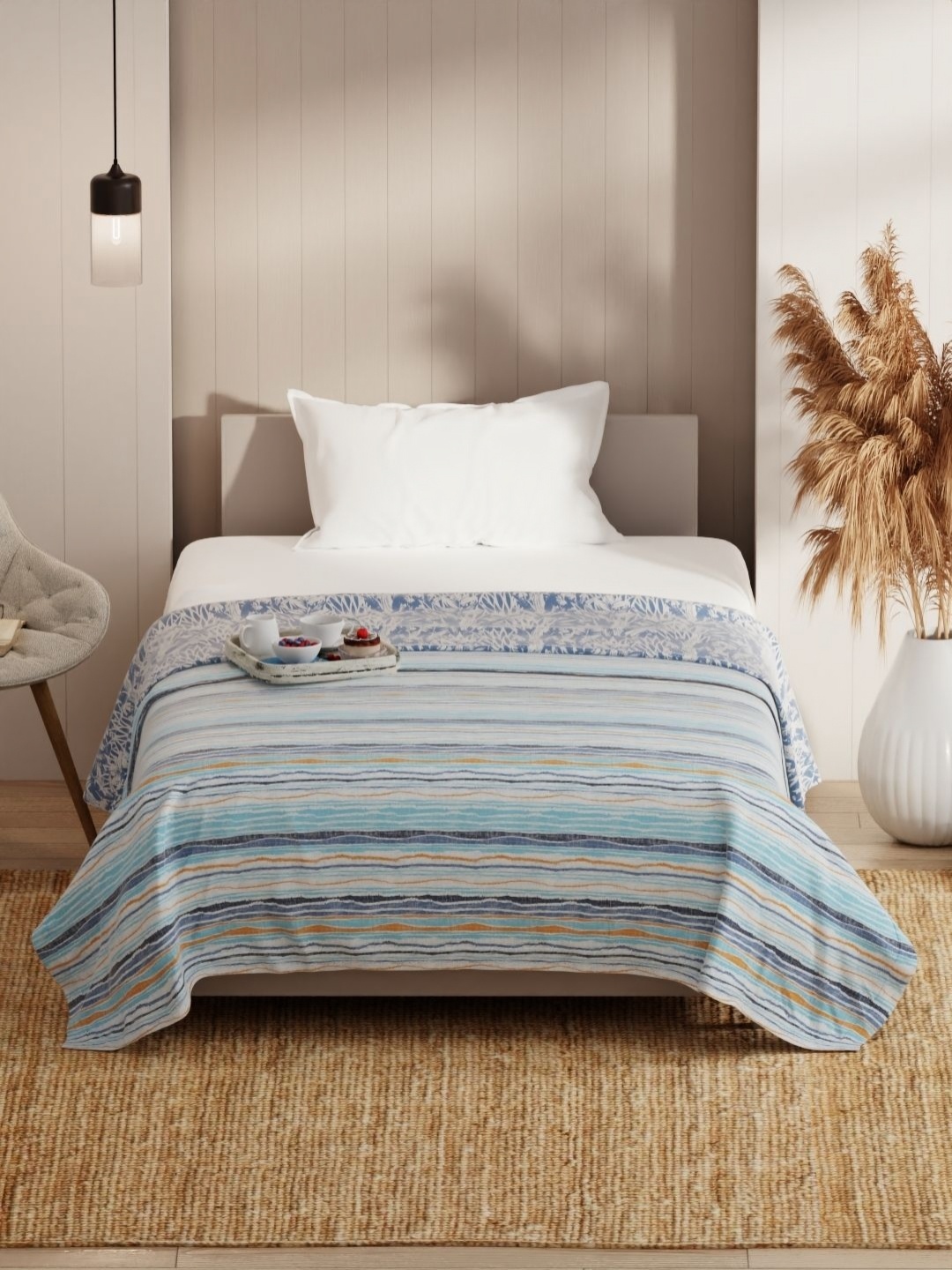 

KOPA Blue & Mustard Striped Microfiber AC Room 150 GSM Single Bed Dohar