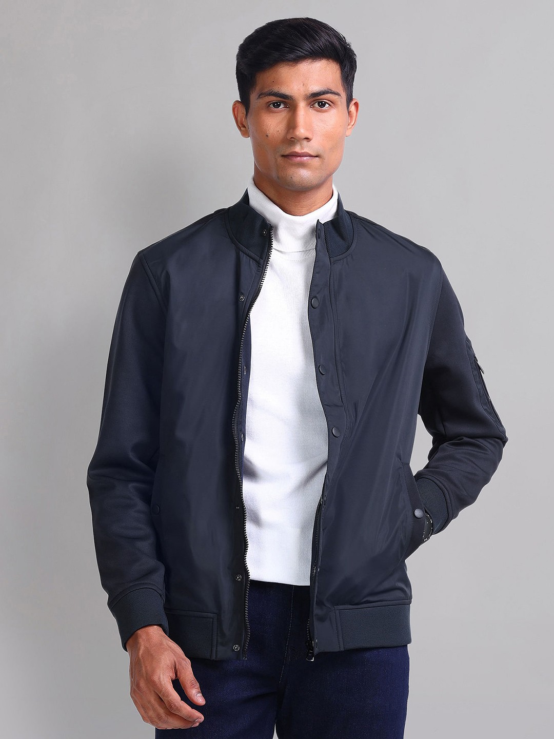 

AD By Arvind Men Mock Collar Solid Casual Bomber Jacket, Navy blue