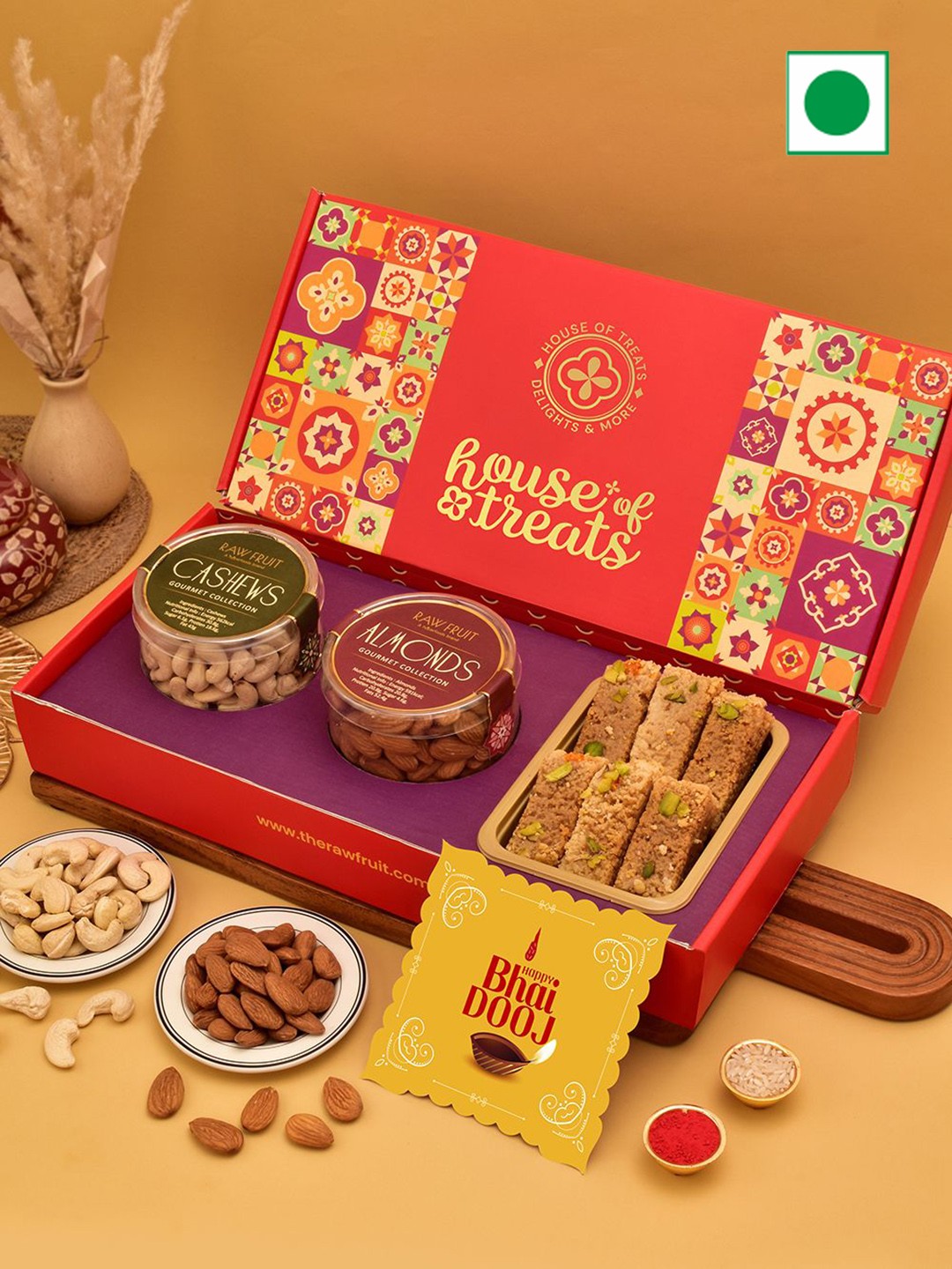 

RawFruit Set Of 3 Bhai Dooj Dry Fruit & Sweet Gift Set, Red