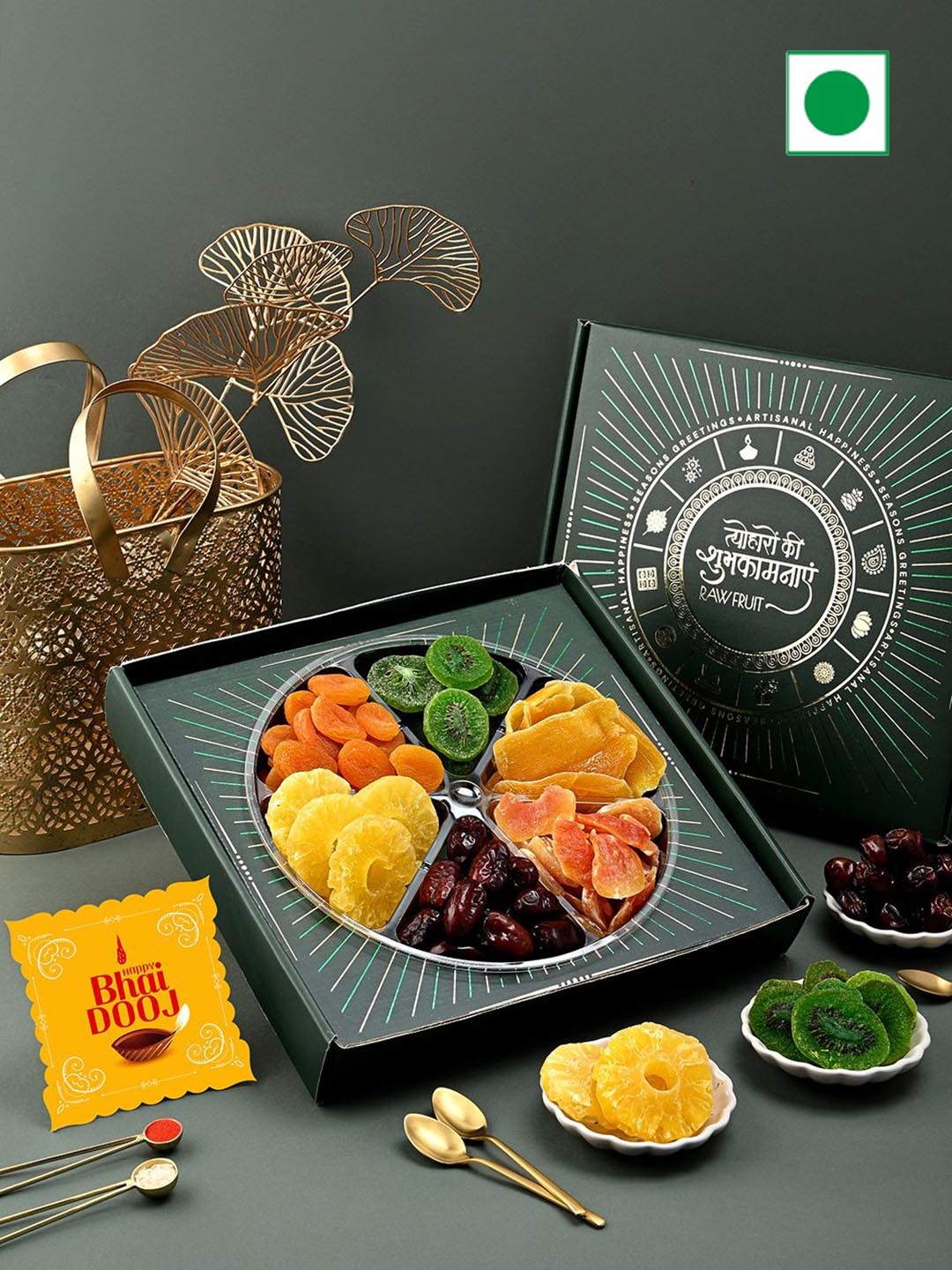 

RawFruit Bhai Dooj Dry Fruit Gift Pack With Roli Chawal, Green