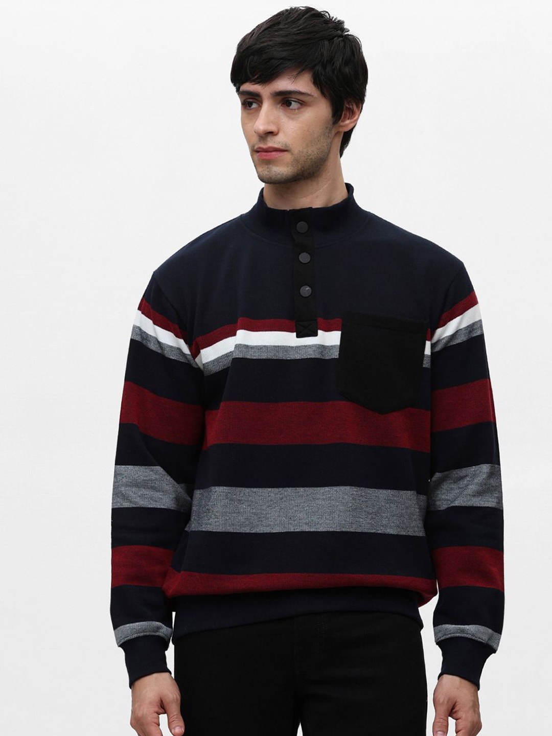 

Klub Fox Men Striped High Neck Cotton Pullover Sweatshirt, Navy blue