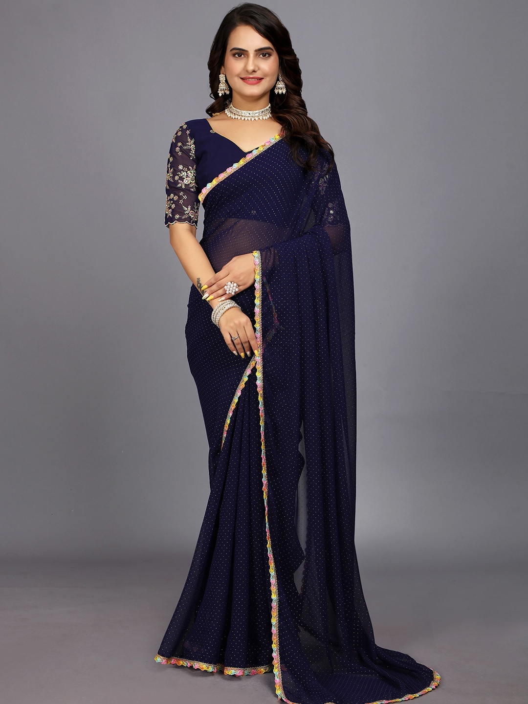 

Rhey Embellished Beads and Stones Saree, Navy blue