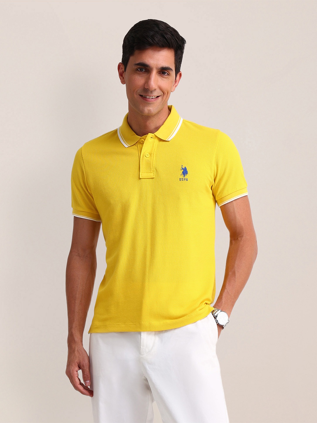 

U.S. Polo Assn. Self Designed Polo Collar Pure Cotton Slim Fit T-shirt, Yellow