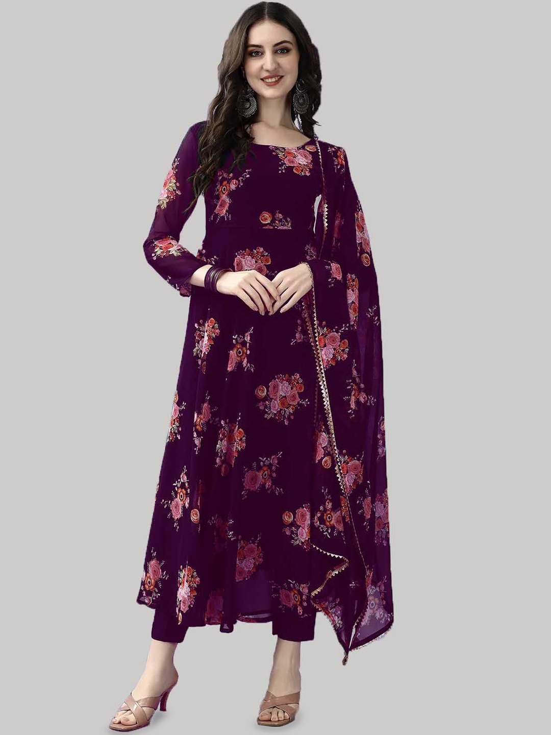 

White World Women Floral Printed Fit & Flare Maxi Dress With Dupatta, Purple