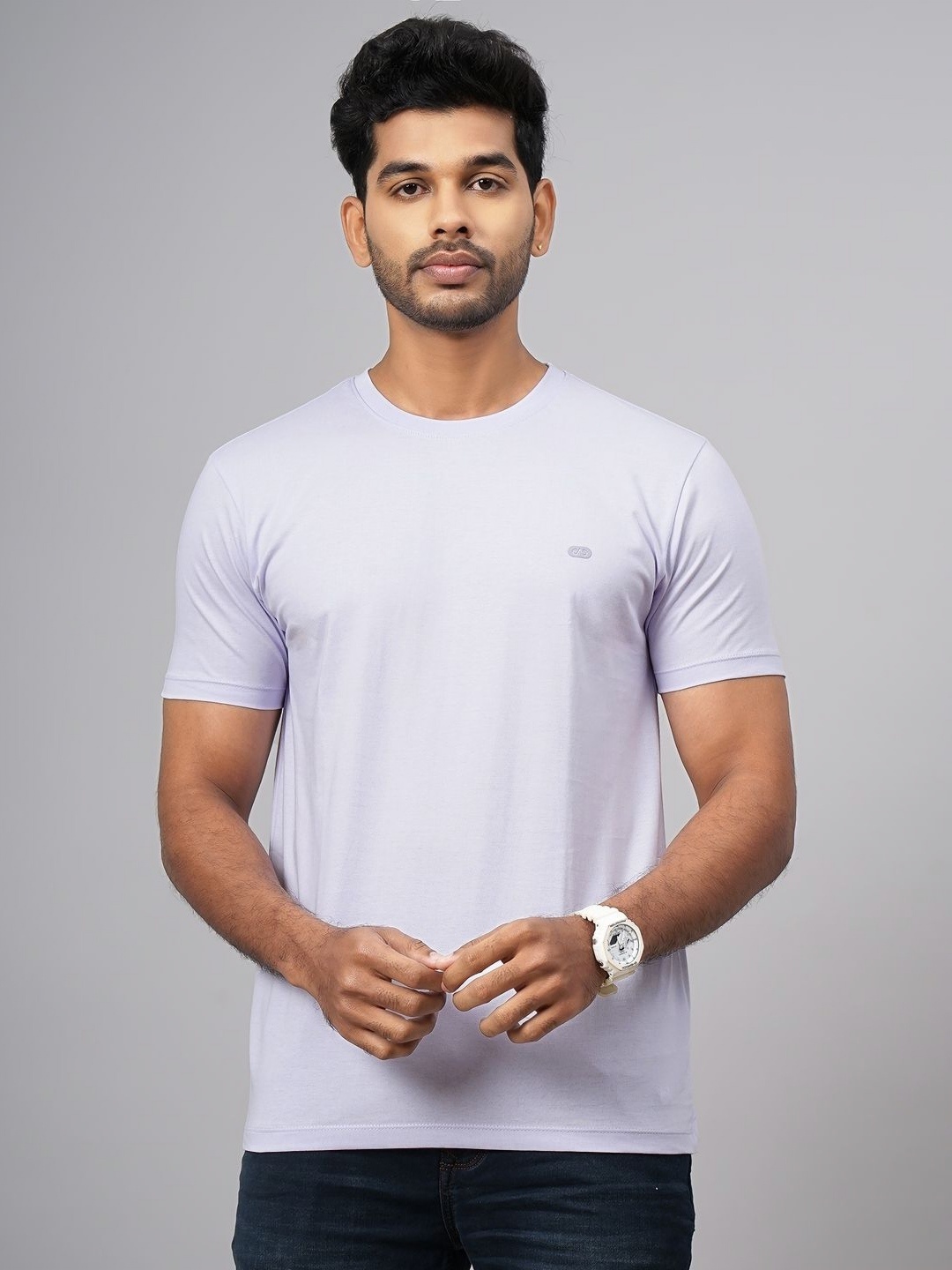 

JADE BLUE Men Solid Round Neck Cotton Slim Fit T-shirt, Purple