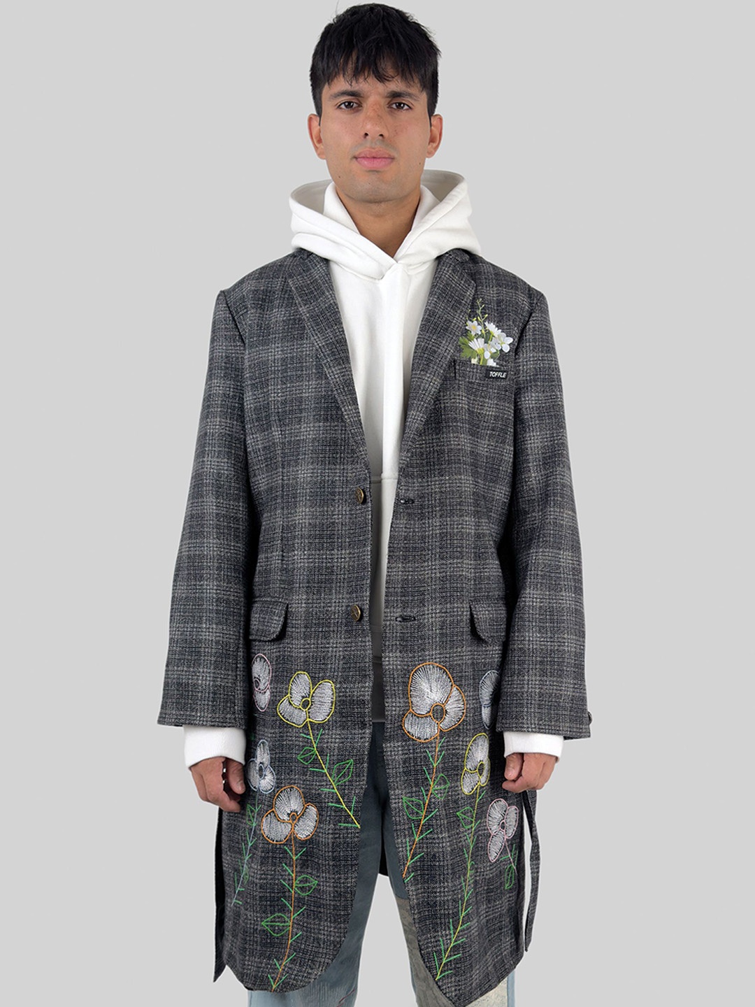 

TOFFLE Unisex Lapel Collar Checked Wool Casual Open Front Jacket, Grey