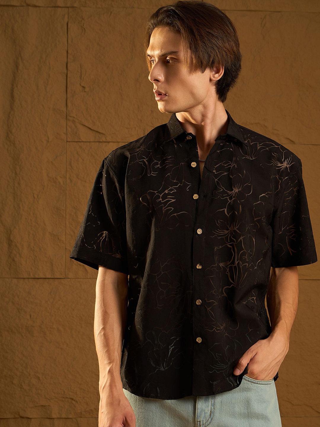 

Dennison Men Floral Printed Drop Shoulder Semi Sheer Oversized Shirt, Black