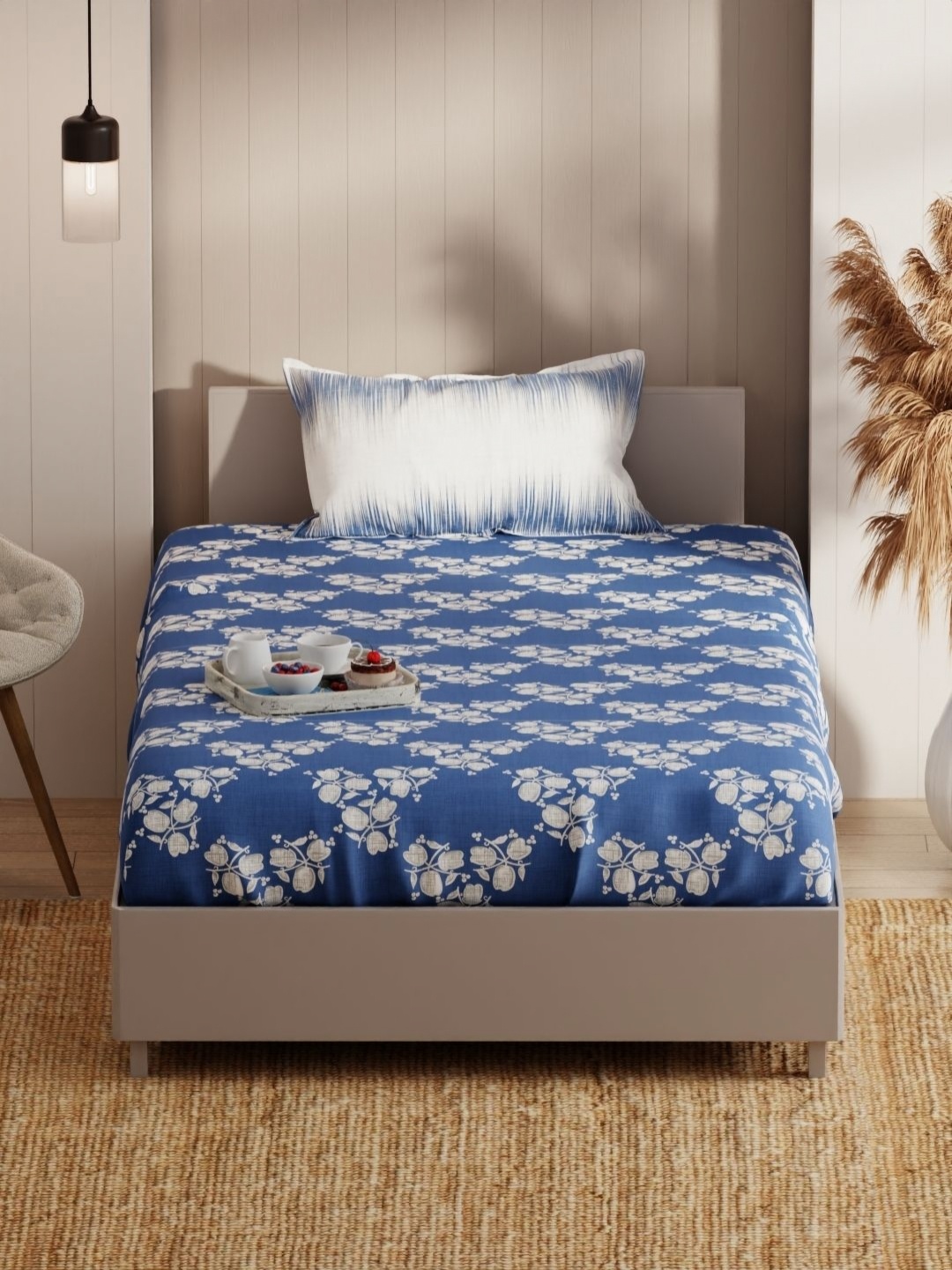 

KOPA Blue Floral 152 TC Single Bedsheet with 1 Pillow Covers 1.55 x 2.36 Mts