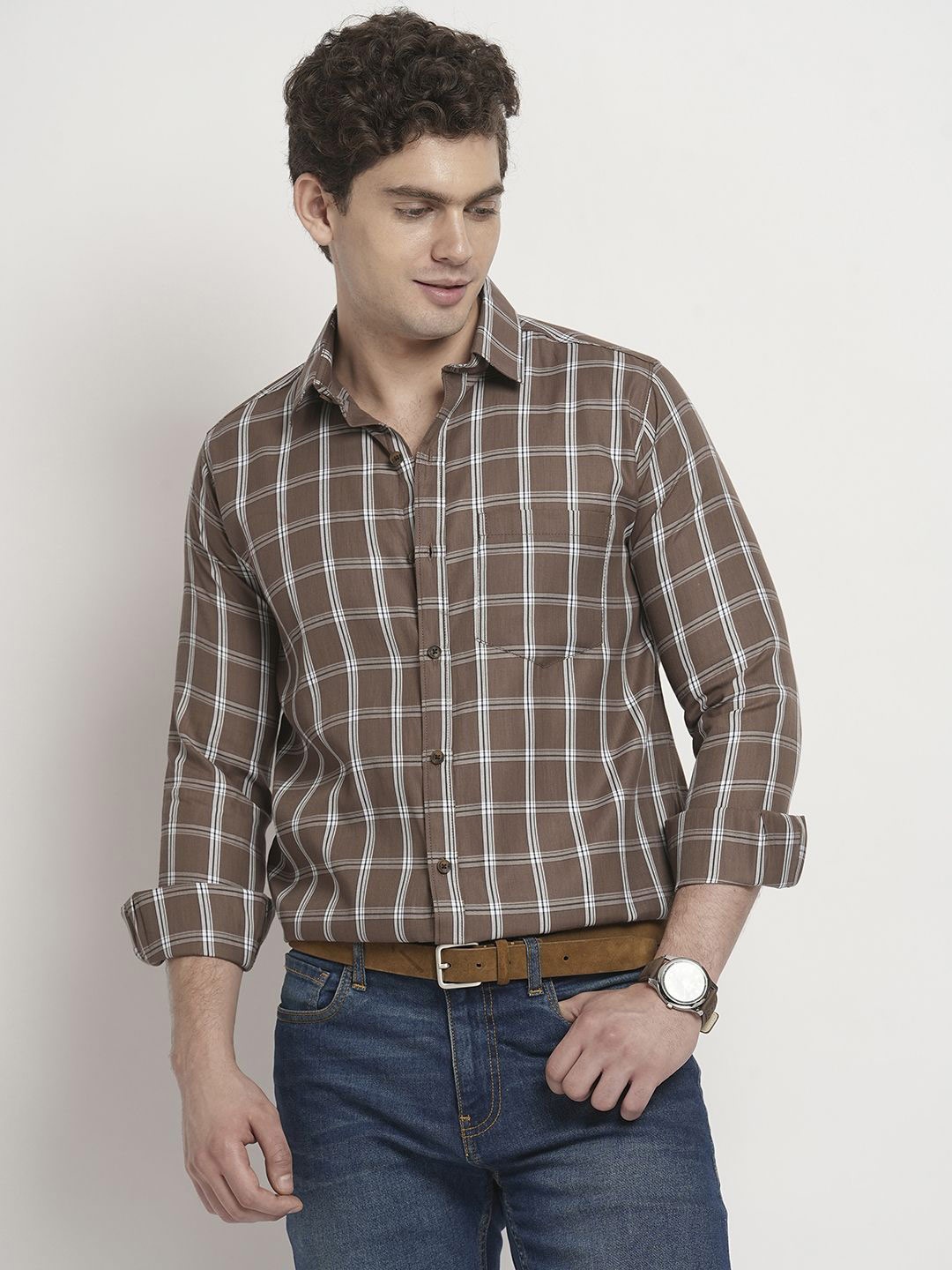 

TRYBUY.IN Men Standard Spread Collar Windowpane Checked Cotton Casual Shirt, Brown