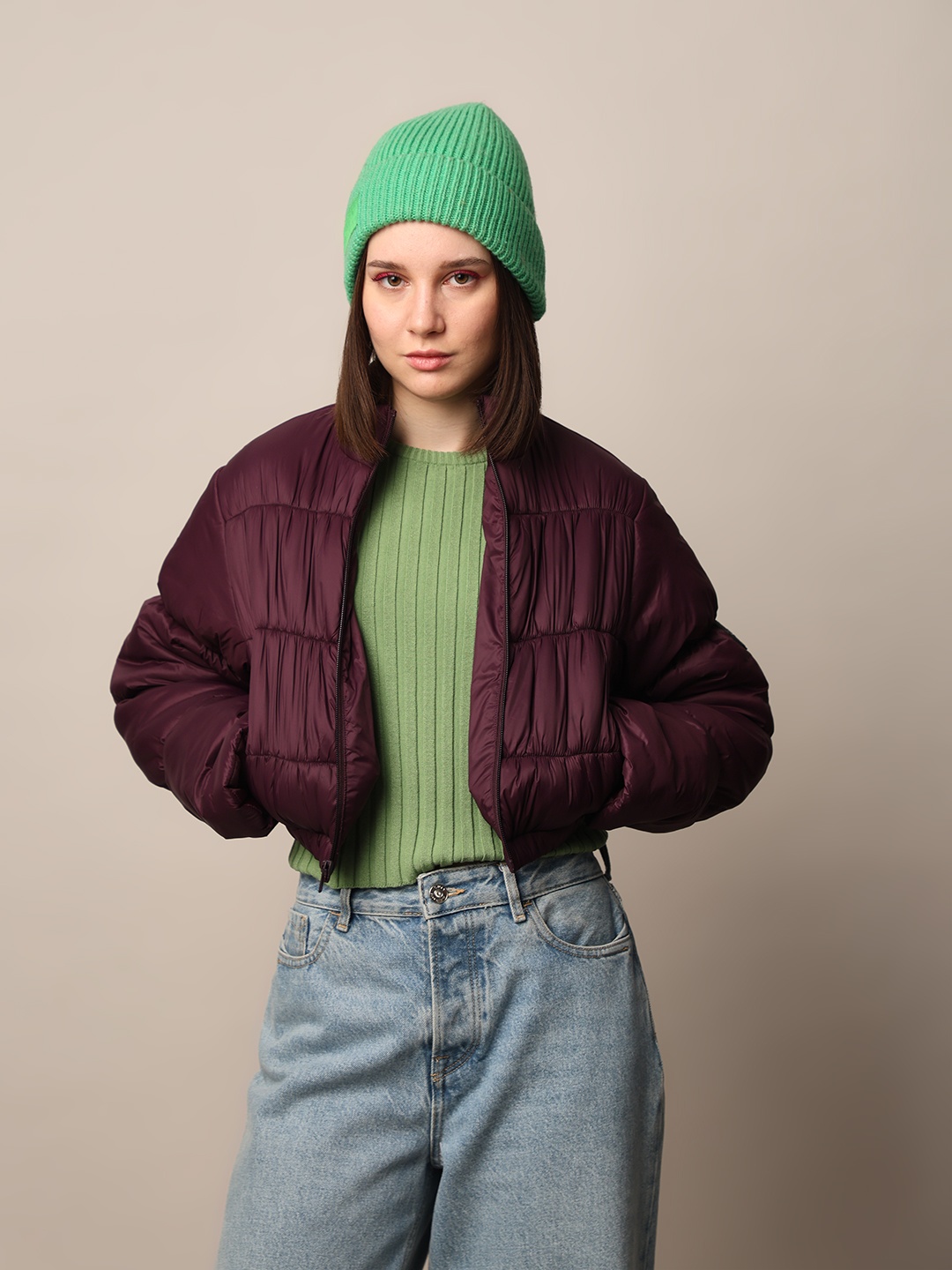 

ONLY Women Mock Collar Solid Nylon Casual Puffer Jacket, Maroon