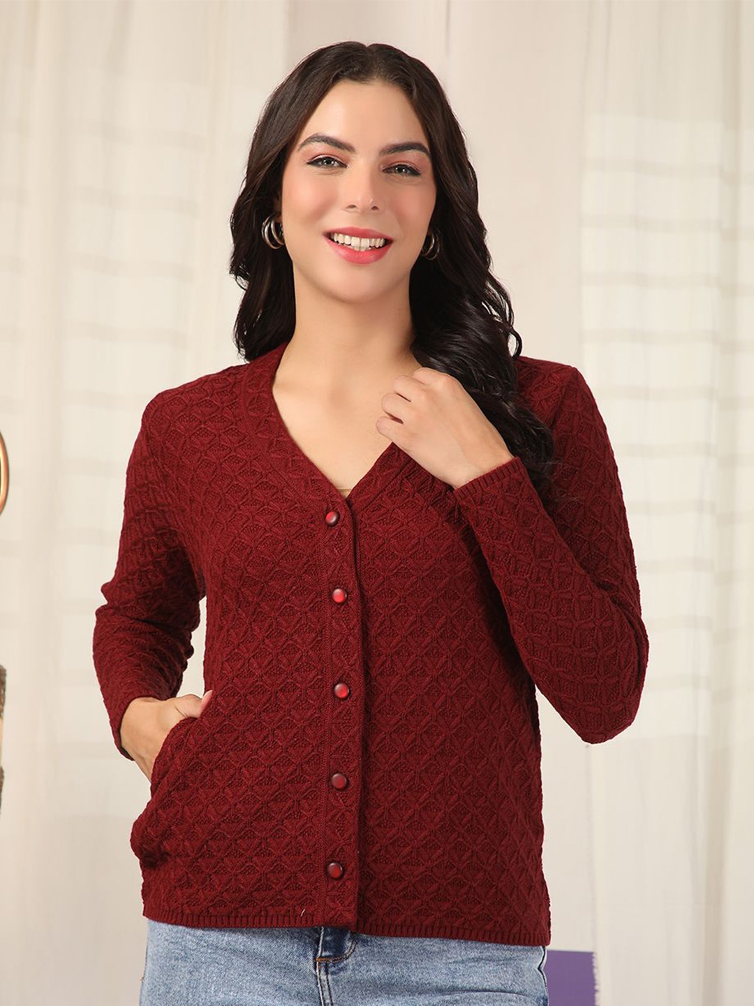 

Cayman Women Self Design Cable Knit V-Neck Woollen Cardigan Sweater, Maroon