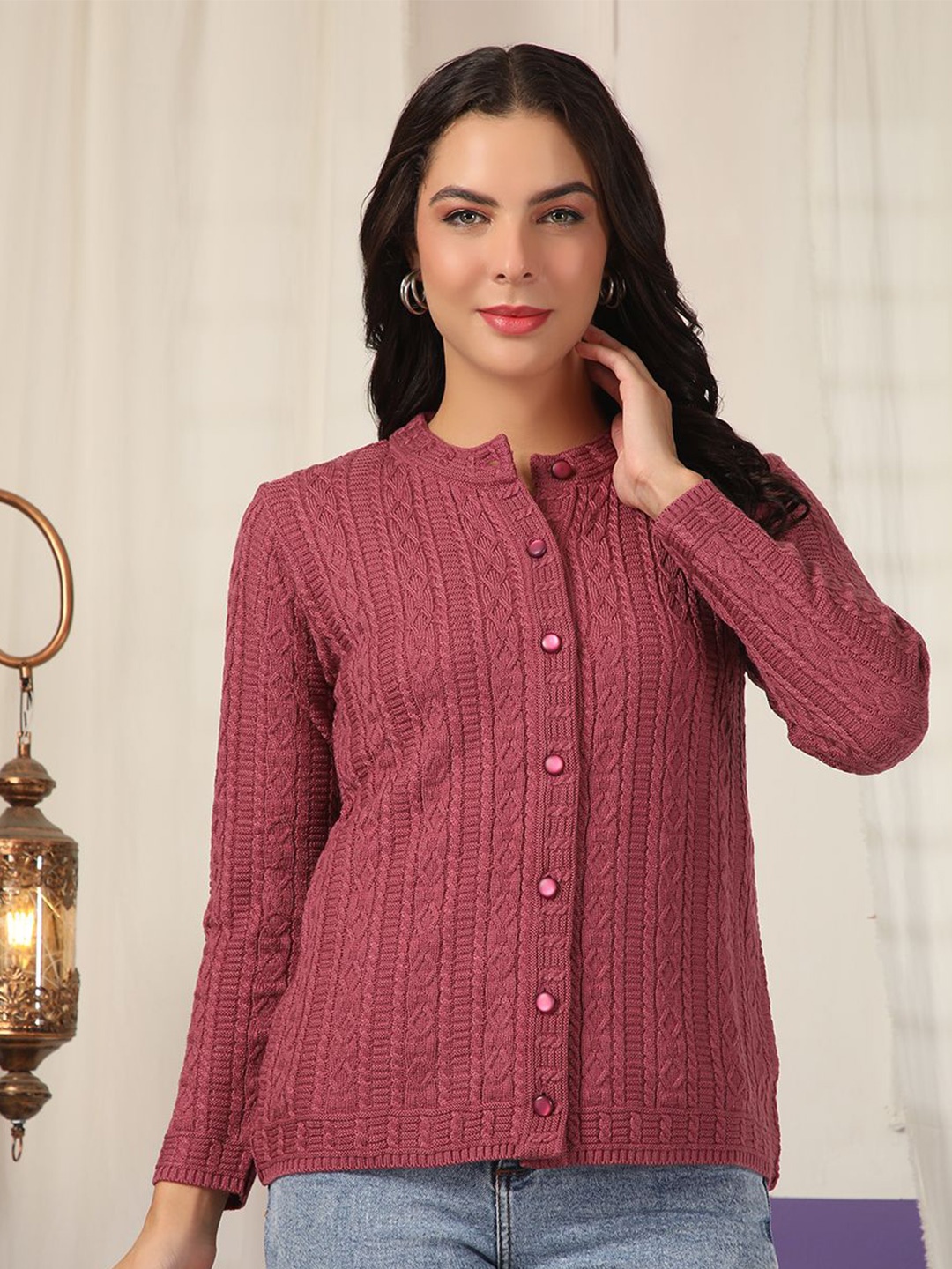 

Cayman Women Self Design Cable Knit Henley Neck Woollen Cardigan Sweater, Mauve