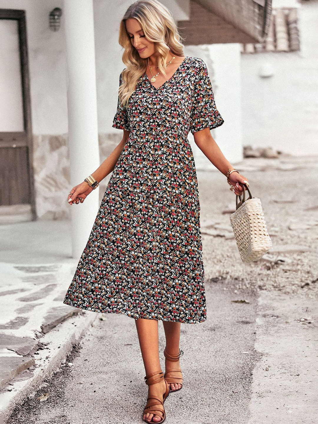 

StyleCast Floral Print A-Line Midi Dress, Black