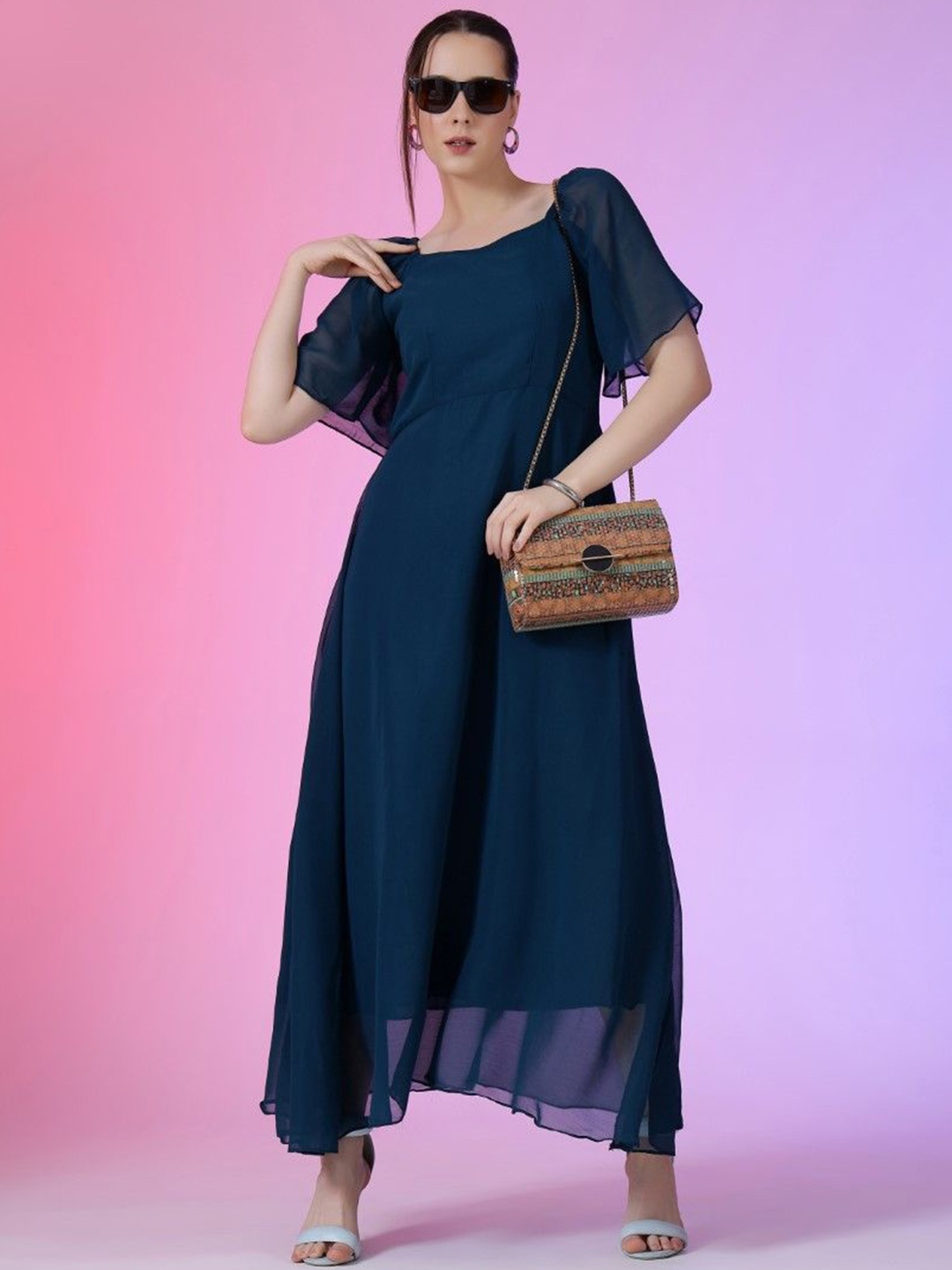 

Krunal Raiyani Solid Bell Sleeve Fit & Flare Maxi Dress, Blue