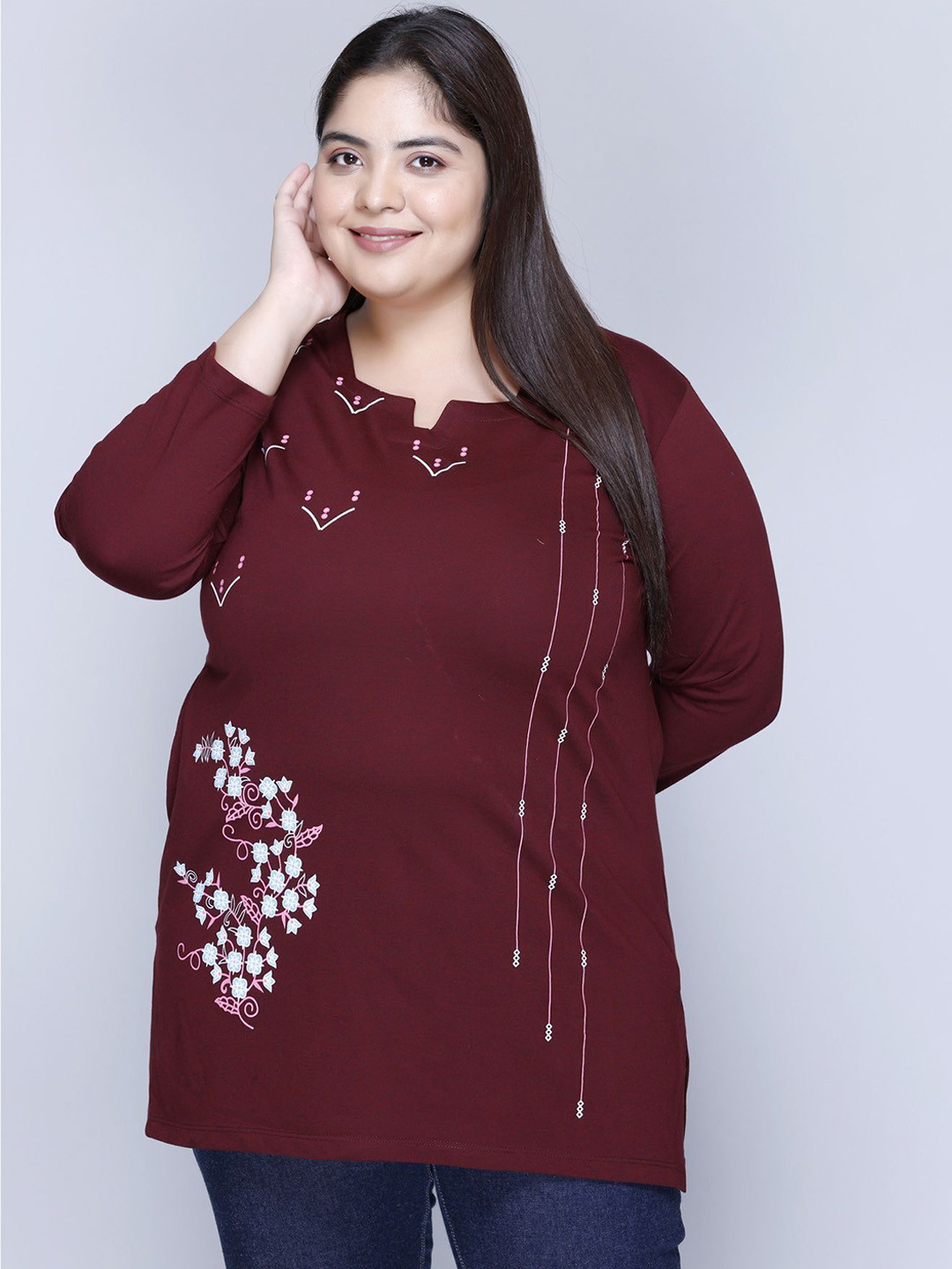 

IN Love Women Cotton Full Sleeve Plus Size Long T-Shirt, Burgundy