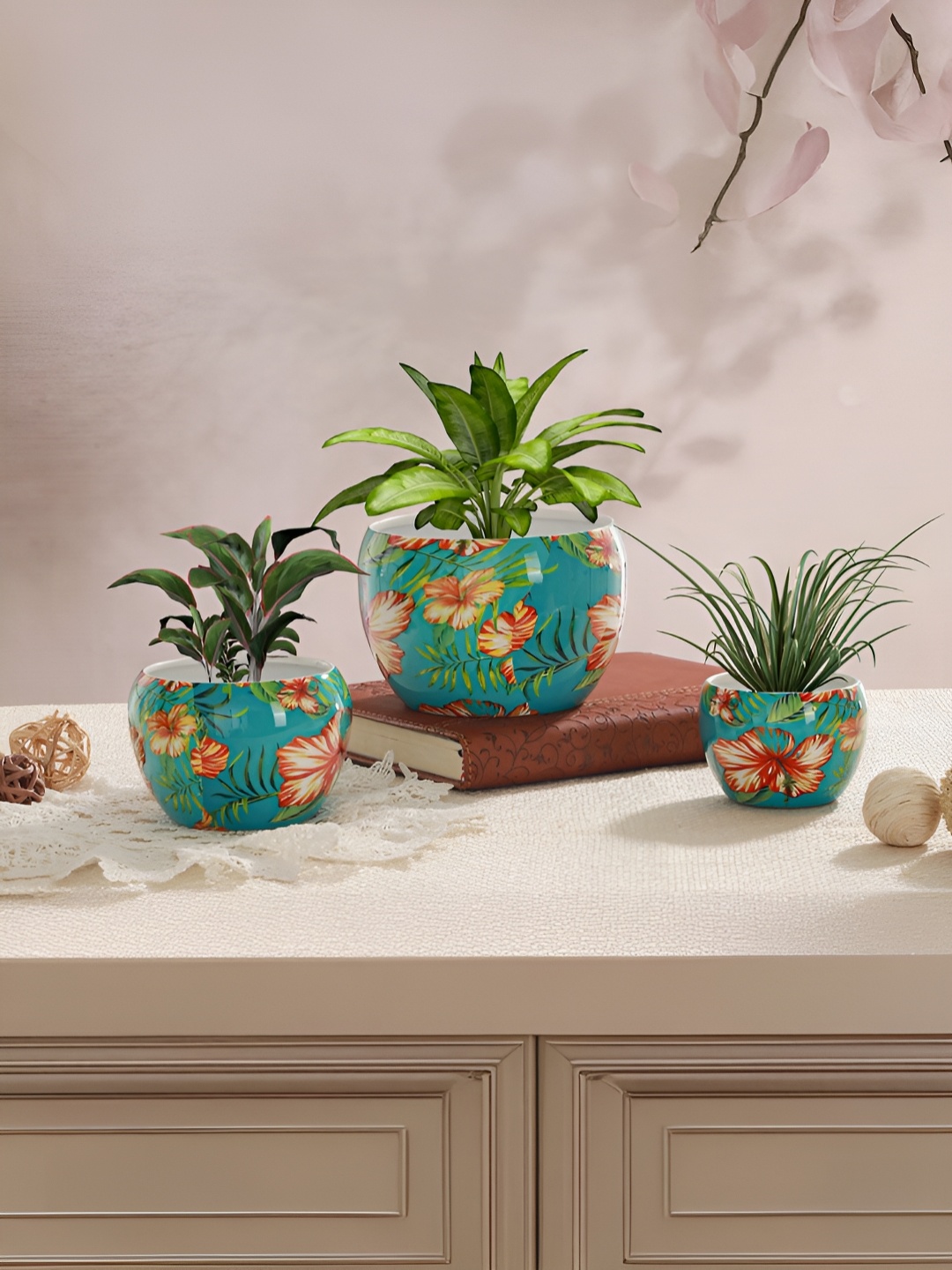 

Homspurts Apple Bowl Planter Blue & Green 3 Pieces Printed Metal Planters
