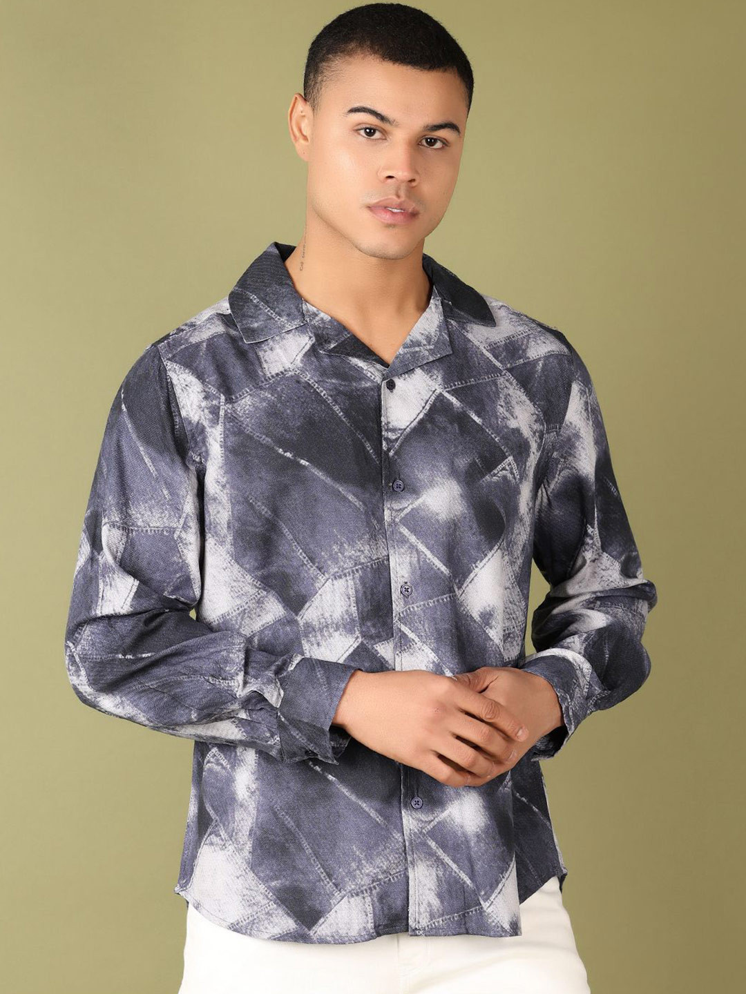 

V-Mart Men Cuban Collar Abstract Printed Casual Shirt, Grey