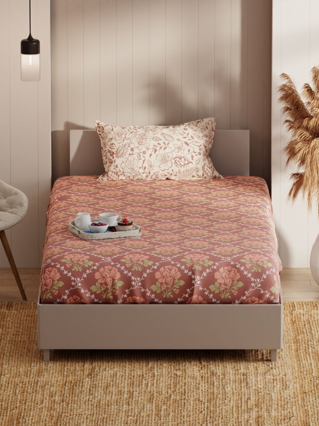 

KOPA Brown & Red Floral Microfiber 152 TC Single Bedsheet Set-1.55 m X 2.36 m