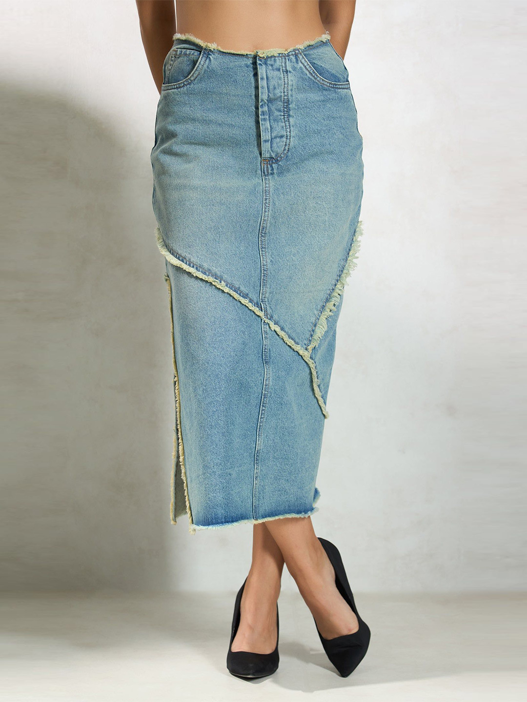 

Virgio Women Cotton Midi Length Solid Skirt, Blue
