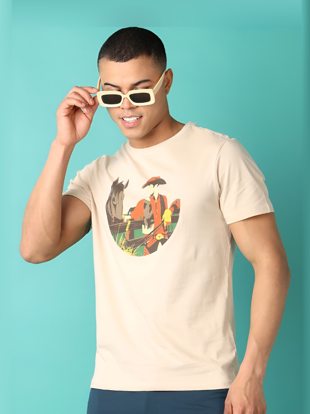 

V-Mart Men Graphic Printed Round Neck Cotton Slim Fit T-shirt, Beige