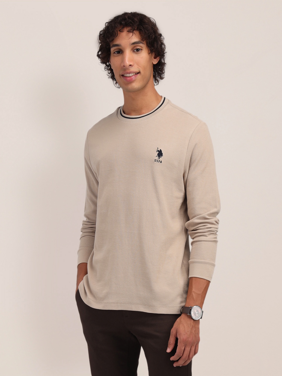 

U.S. Polo Assn. Round Neck Pure Cotton Slim Fit T-shirt, Beige