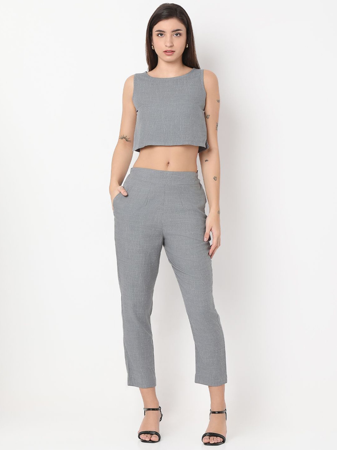 

NOT SO PINK Round Neck Sleeveless Pure Cotton Top with Trousers & Jacket, Grey