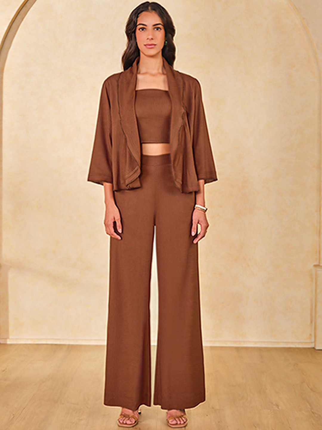 

AND Square Neck Sleeveless Top With Trouser With Jacket, Brown