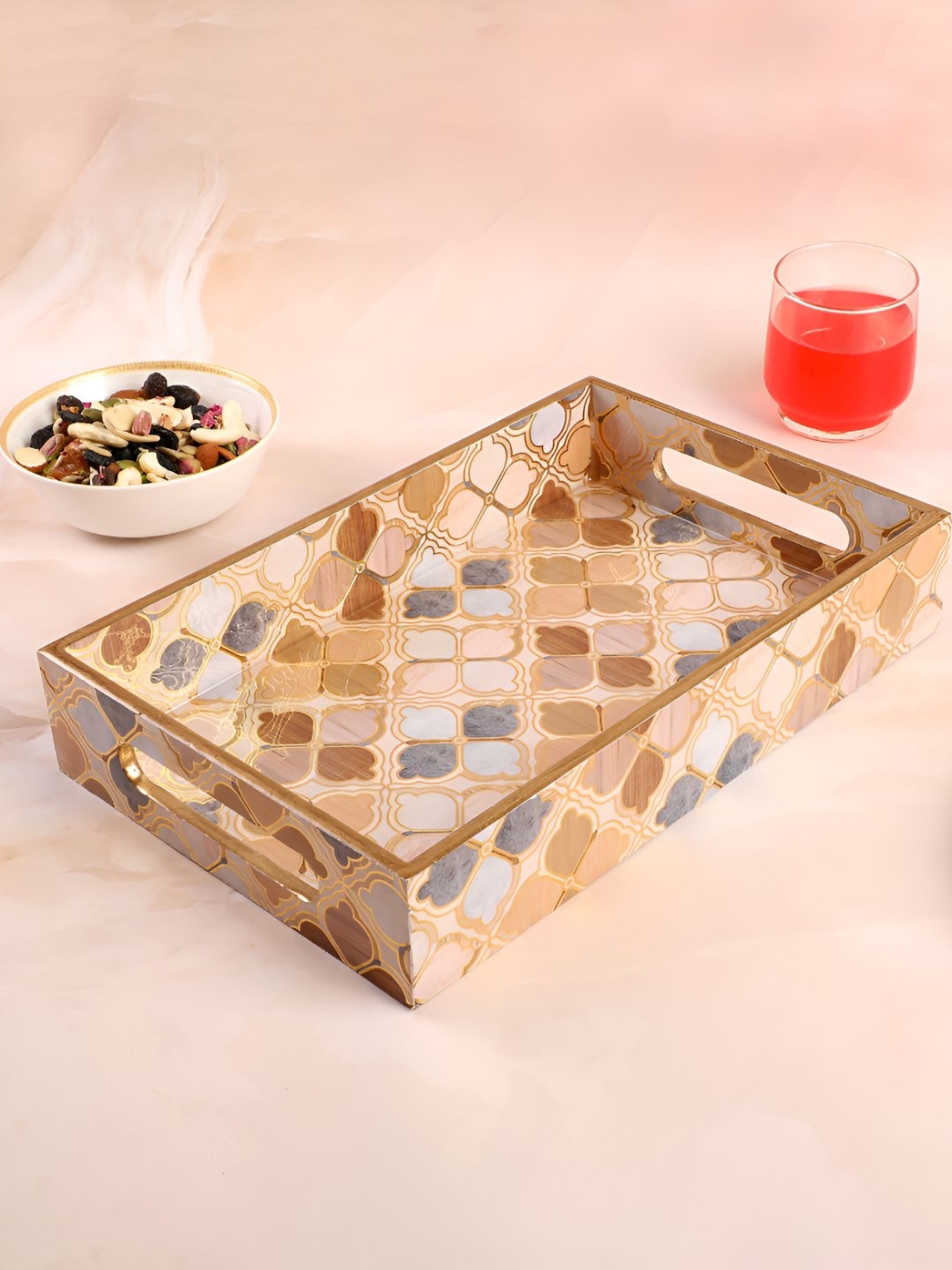 

THE HOME CO. Beige & Grey Glass Printed Serving Tray