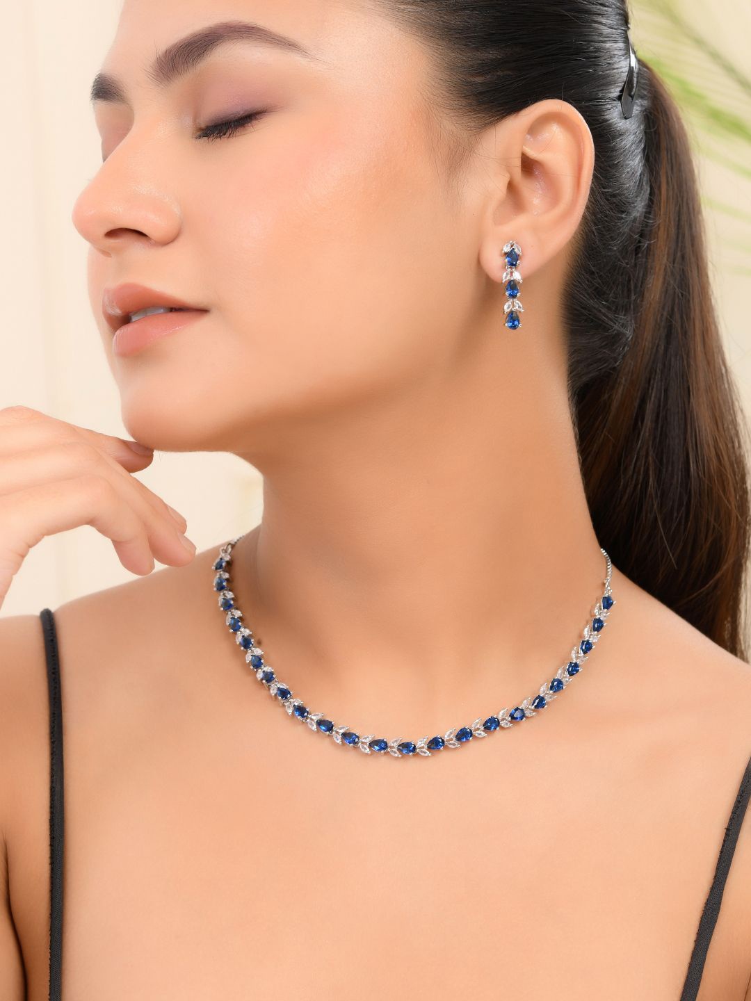 

Silvermerc Designs Silver-Plated American Diamond-Studded Necklace & Earrings
