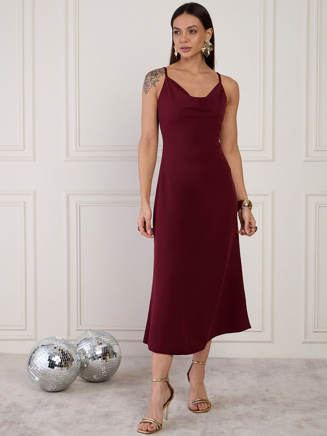 

MAGRE Solid Cowl Neck Sheath Midi Dress, Maroon