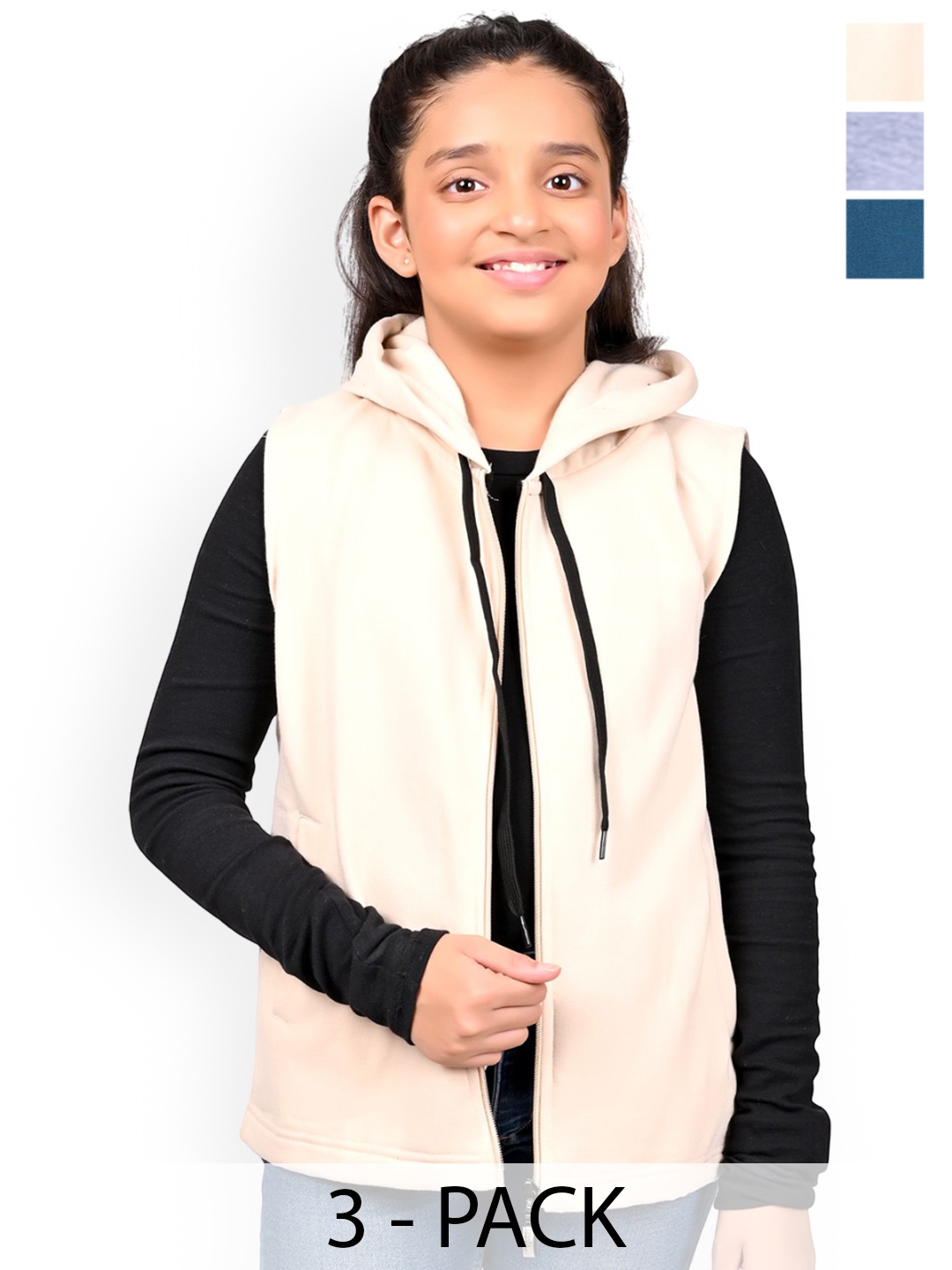 

BAESD Girls Pack Of 3 Solid Hooded Fleece Front Open Sweatshirts, Beige