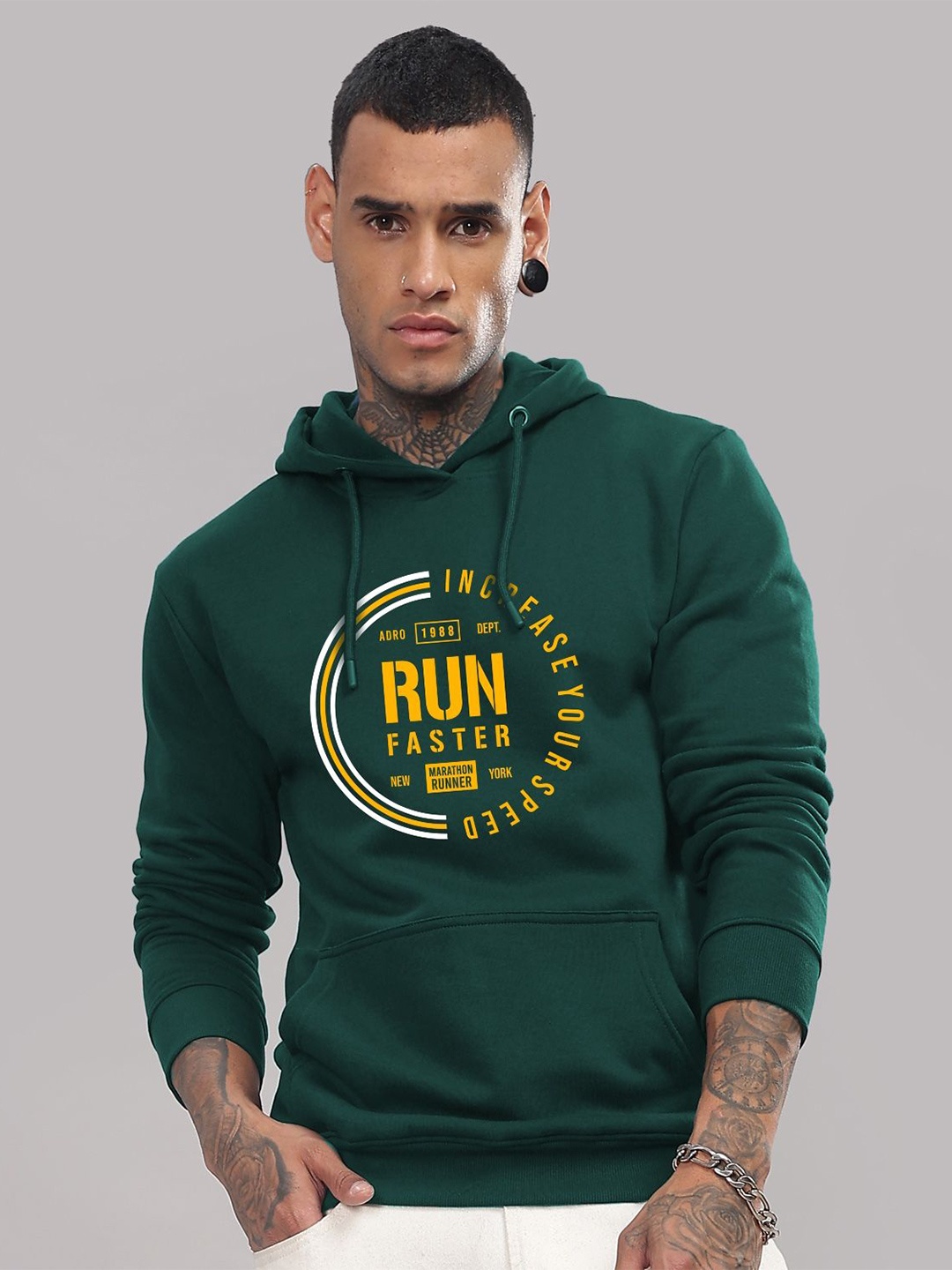 

ADRO Men Typography Printed Hood Cotton Pullover Sweatshirt, Green
