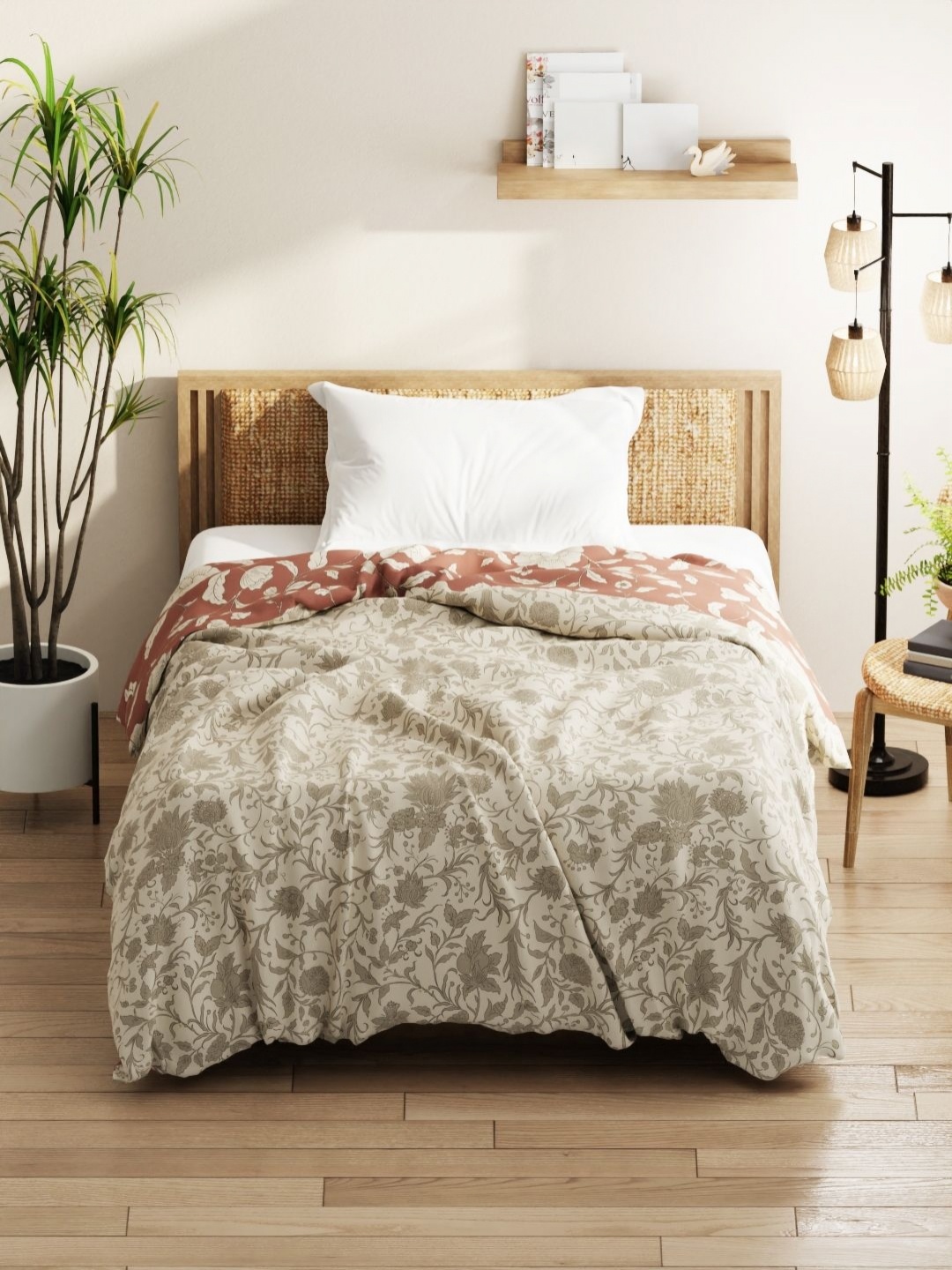 

KOPA Beige & Olive Green Floral Microfiber AC Room 120 GSM Single Bed Comforter