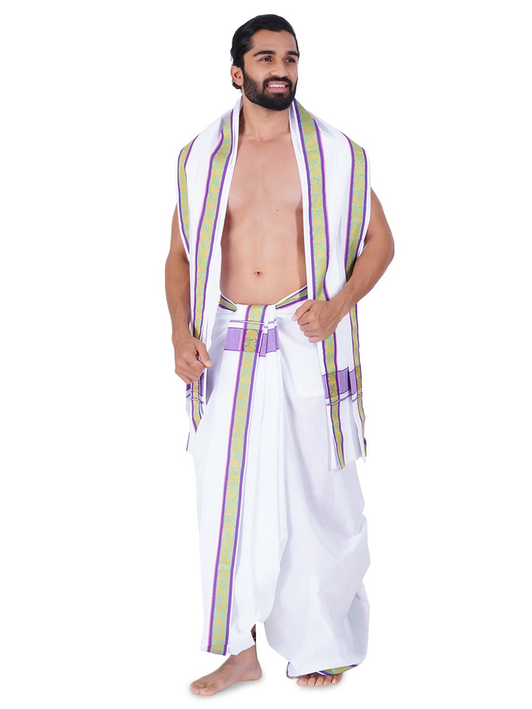 

Ramraj Men Cotton Panchakacham Dhoti with Angavastram, White