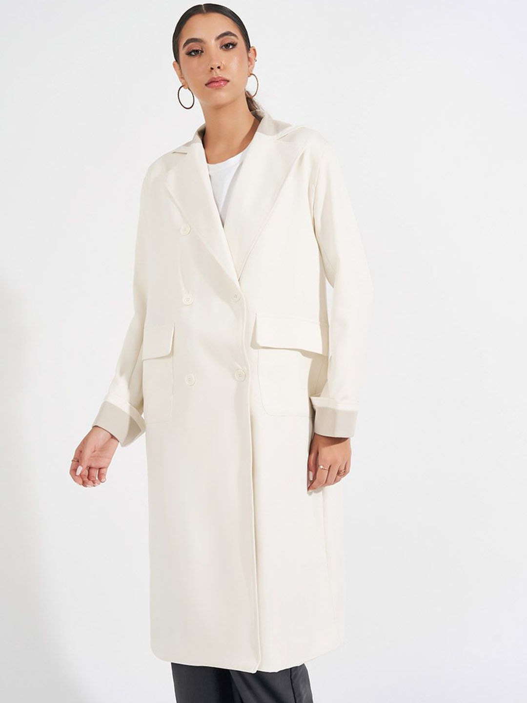 

Styli Women Oversized Fit Midi Length Double Breasted Trench Coat with Contrast Detail, Off white