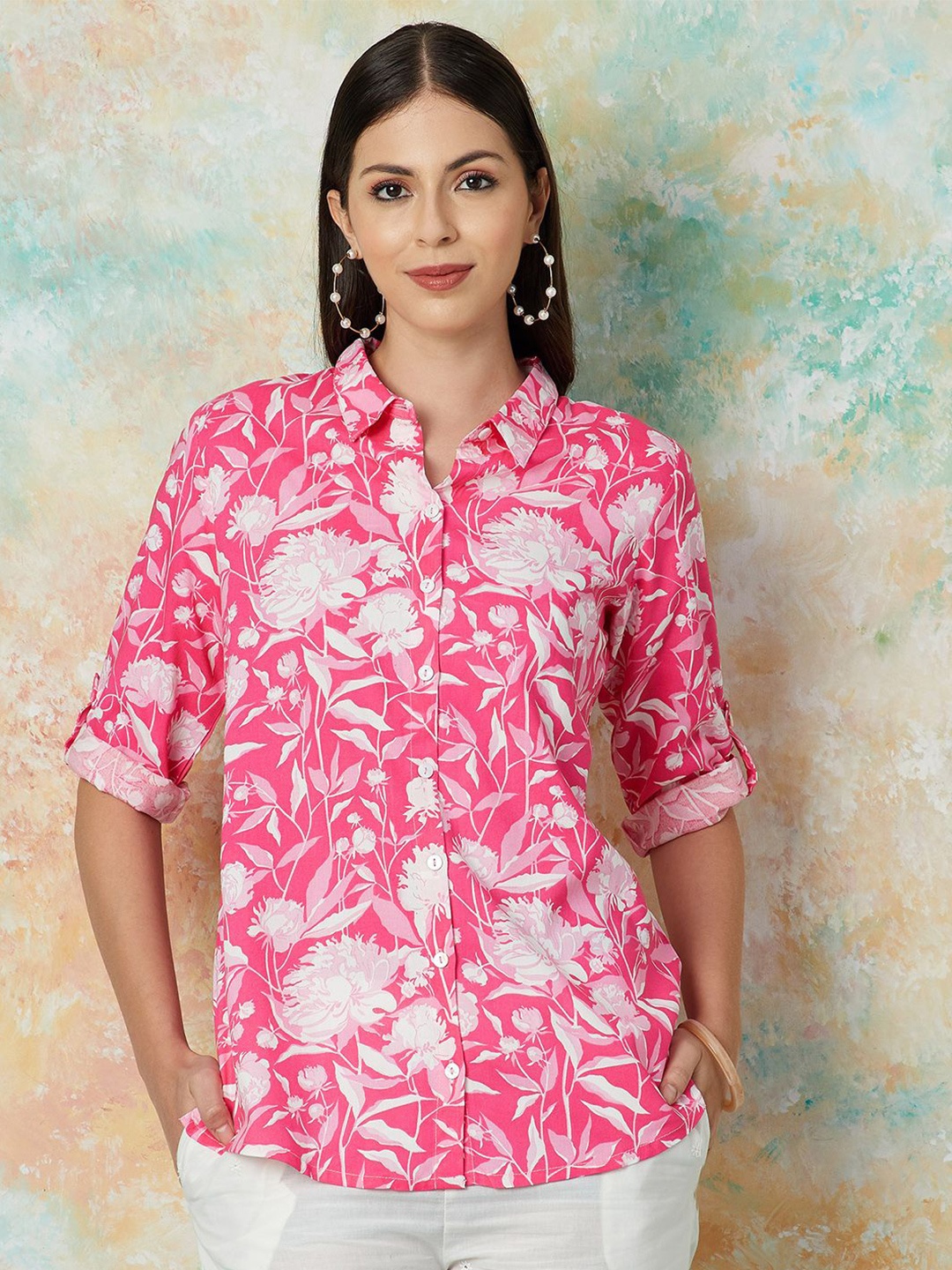 

Melange by Lifestyle Women Floral Printed Spread Collar Casual Shirt, Pink