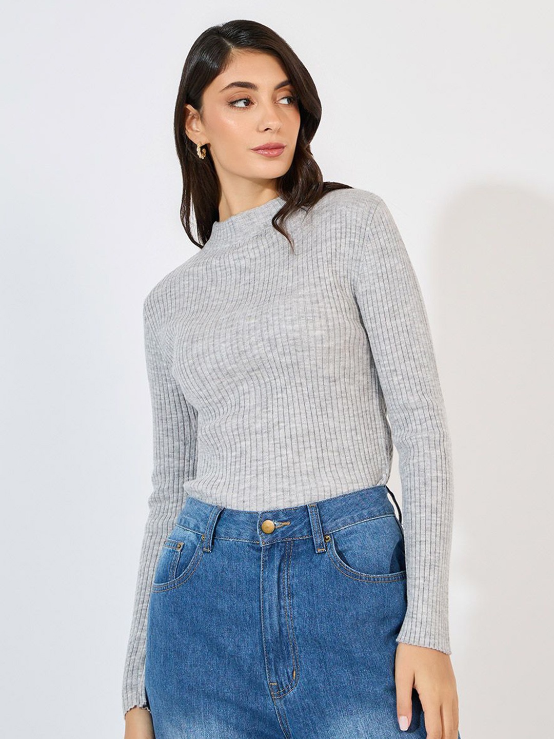 

Styli Women Ribbed Pullover Sweater, Grey