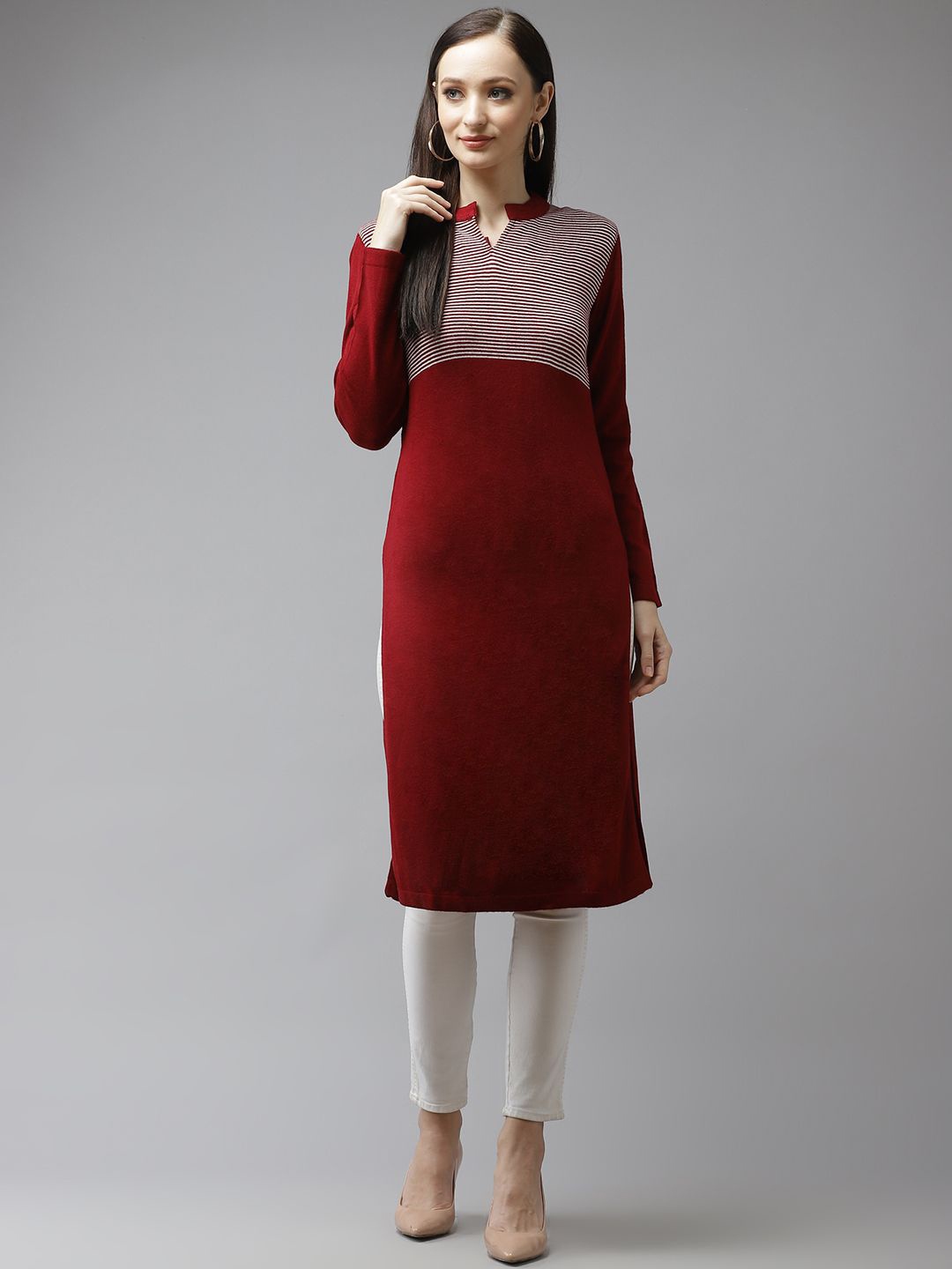 

Cayman Woven Design Mandarin Collar Straight Kurta, Maroon
