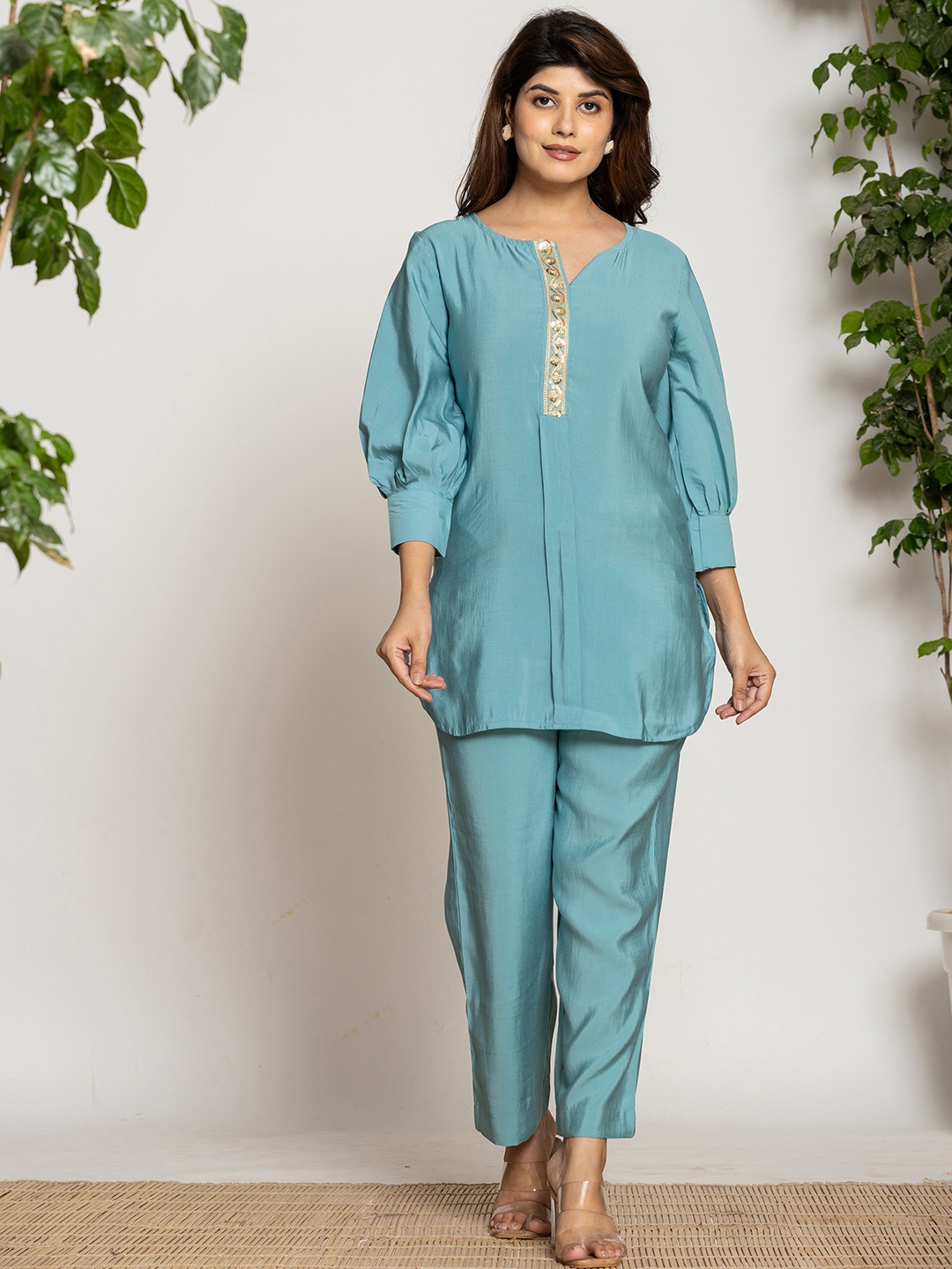 

Yufta Turquoise Blue Embroidered Round Neck Three-Quarter Sleeves Top & Trouser