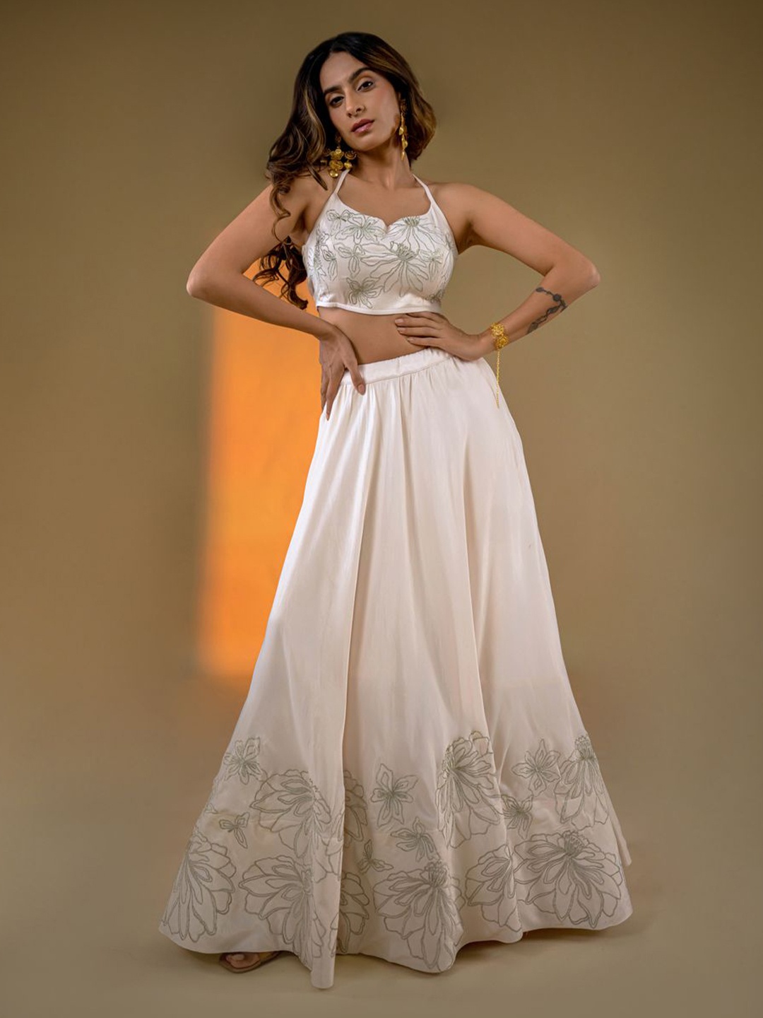 

AMROOD Embroidered Thread Work Ready to Wear Lehenga &, Off white