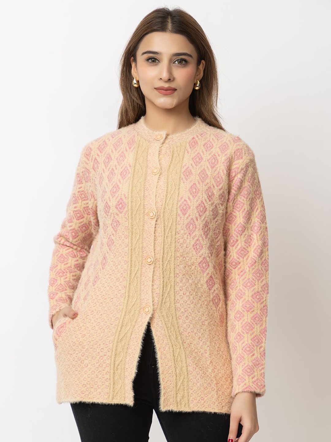 

LO G LO Women Geometric Printed Henley Neck Cardigan Sweater, Beige